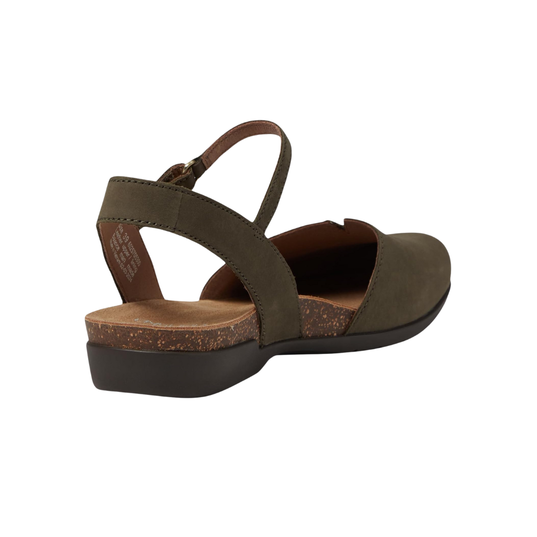 Back view of Women’s Dansko Rowan closed-toe sandal in chocolate milled nubuck – featuring a supportive heel strap, adjustable buckle, and padded rear collar.