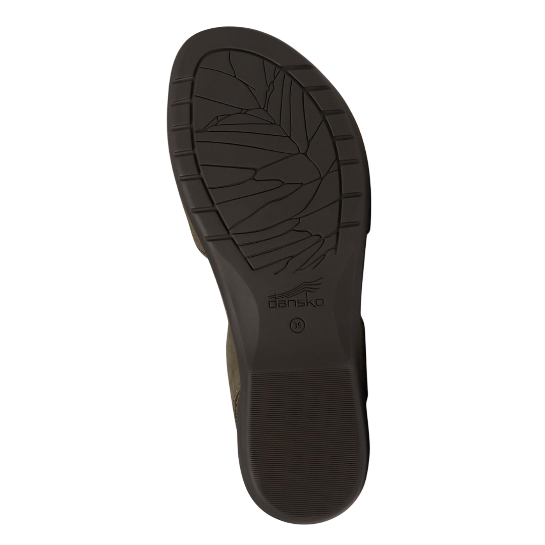 Bottom view of Women’s Dansko Rowan closed-toe sandal in chocolate milled nubuck – featuring a slip-resistant tread, durable construction, and flexible forefoot grip zones.