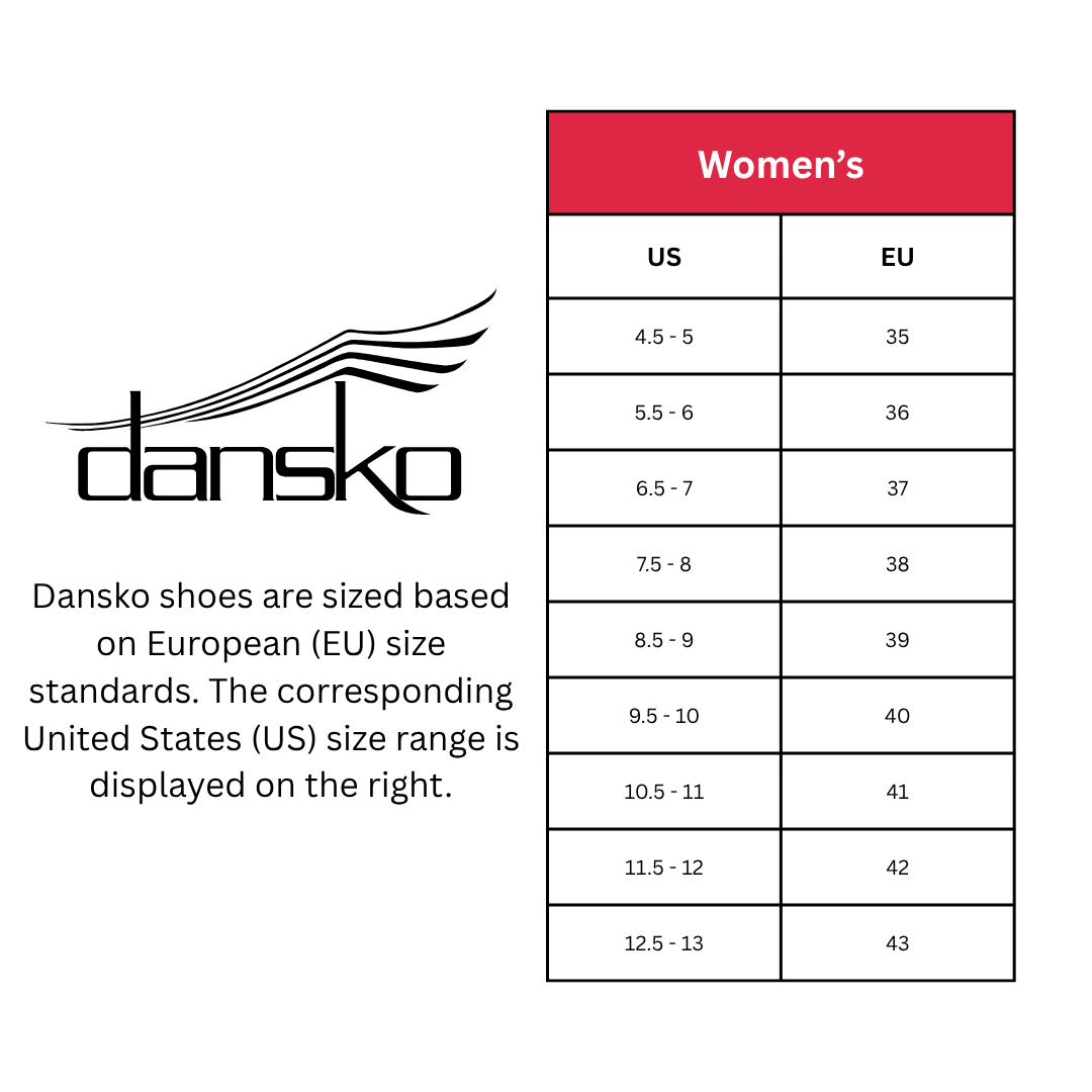 Sizing chart labeled “Dansko Women’s Sizing” showing U.S. shoe sizes alongside their corresponding European (EU) sizes.