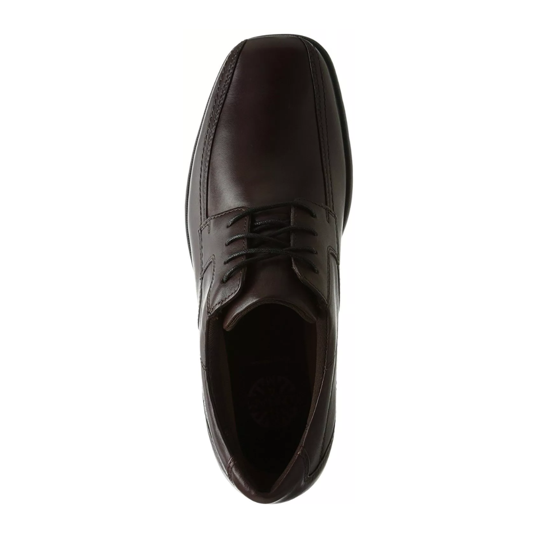 Top view of Men’s Douglas Bike Front Oxford dress shoe in brown – featuring a smooth leather upper, bike toe stitching, and padded collar for enhanced comfort.