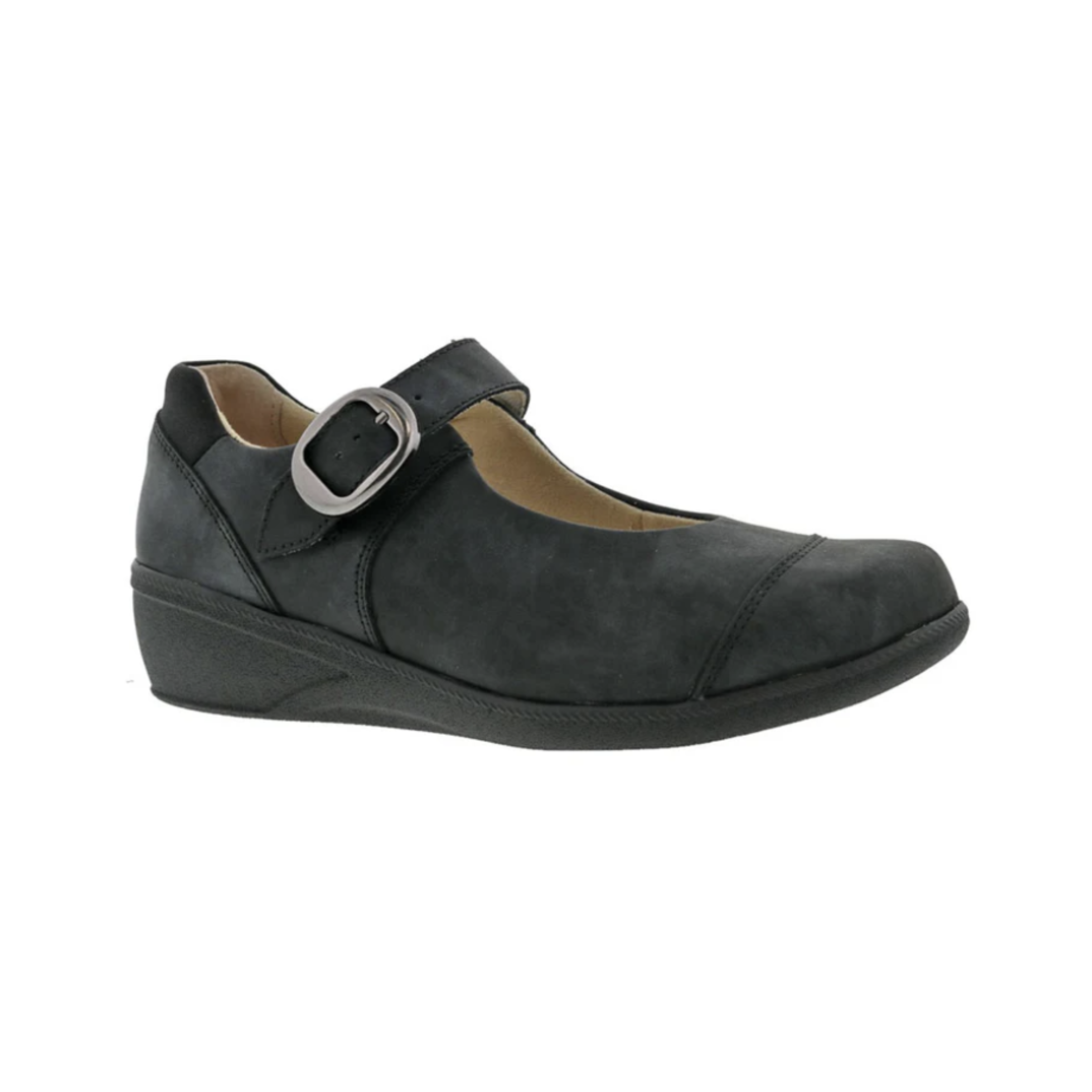 Side view of Women’s Drew Jillian dress shoe in all black leather – featuring smooth black leather upper with elegant stitching, cushioned footbed for all-day comfort, supportive arch design, and durable outsole for traction and stability.
