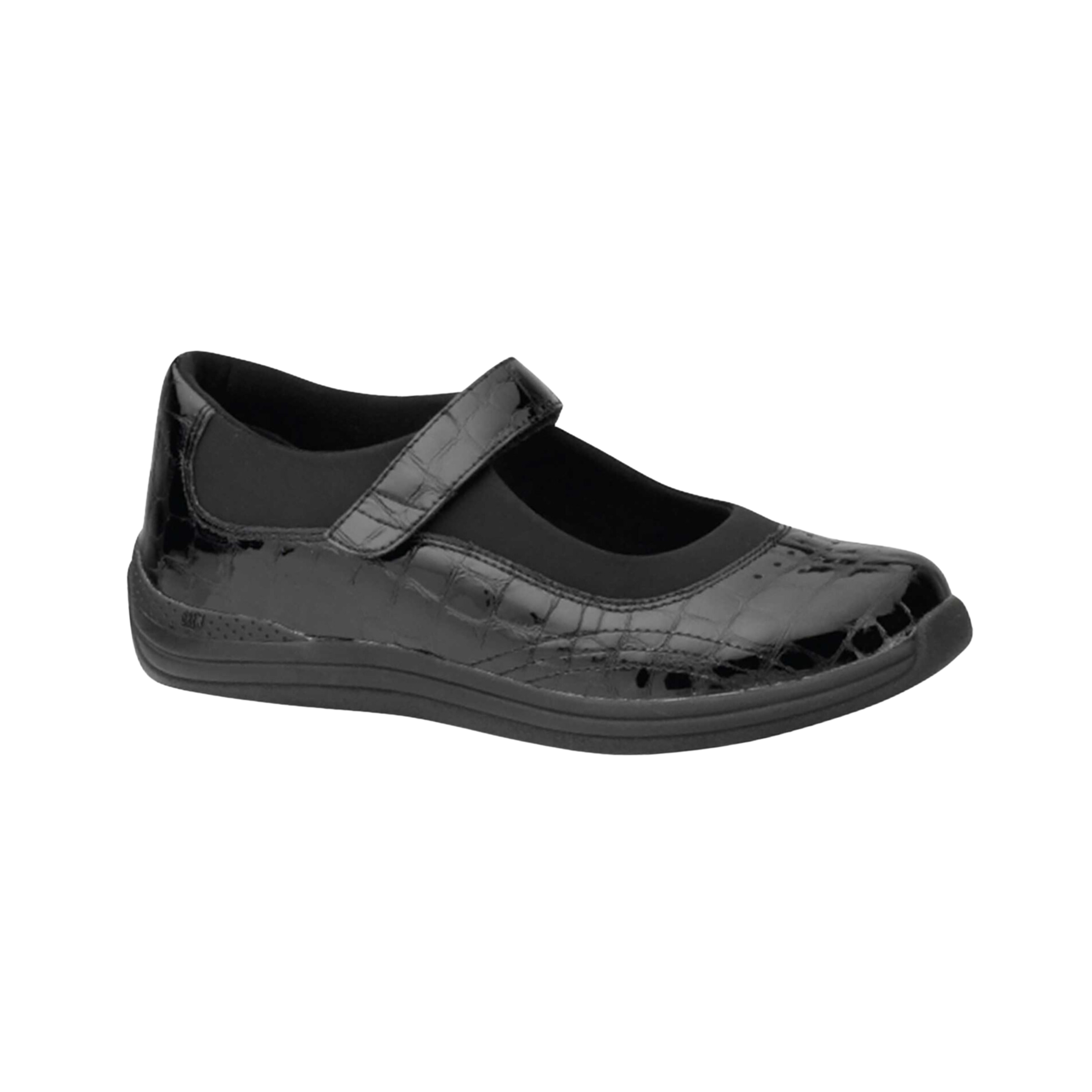 Side view of Women’s Drew Rose dress shoe in black croc embossed leather – featuring textured croc pattern leather upper in black, cushioned footbed, flexible sole, and classic slip-on style for dressy wear.