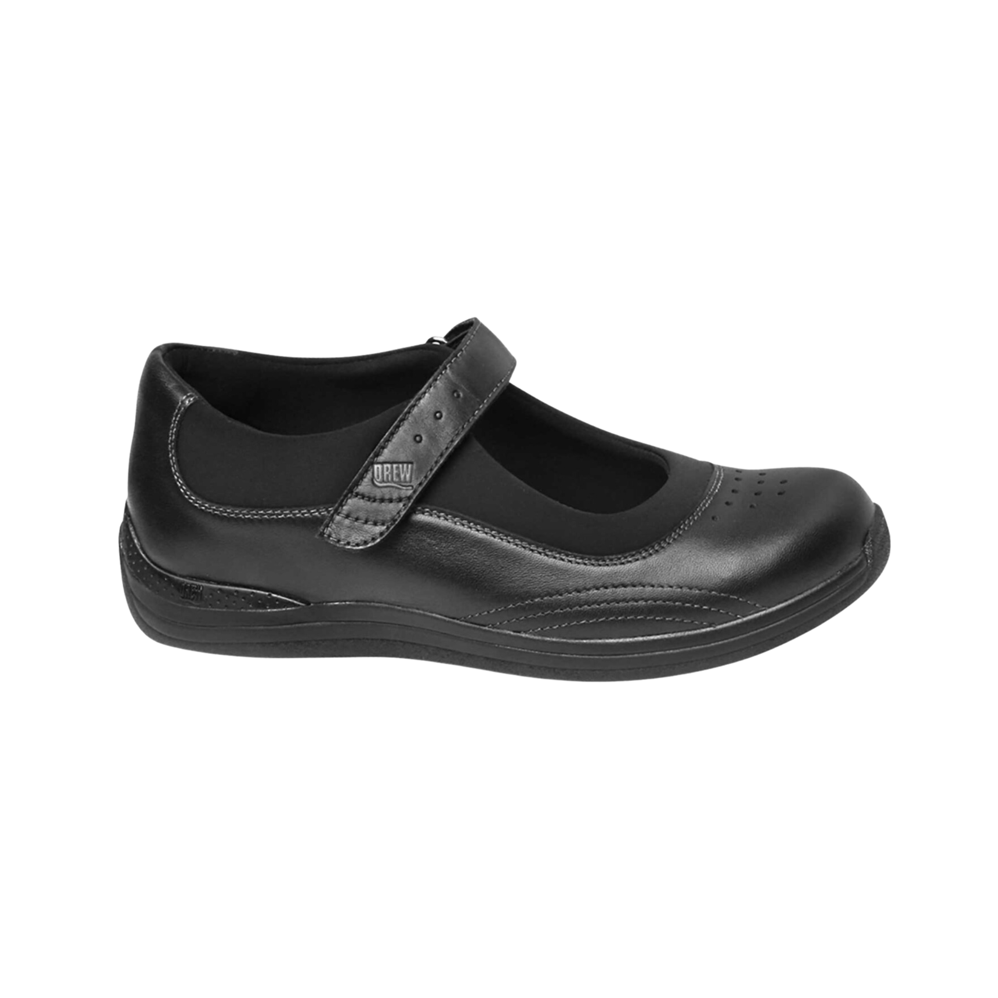 Side view of Women’s Drew Rose dress shoe in all black stretch fabric – featuring sleek black stretch upper for a flexible, form-fitting fit, cushioned footbed with arch support, durable outsole, and slip-on design for easy wear.