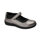 Angled view of Women’s Drew Rose shoe in dusty pewter – featuring soft leather upper with subtle metallic sheen, cushioned footbed with arch support for all-day comfort, flexible outsole for natural movement, and stylish slip-on design blending elegance and casual ease.