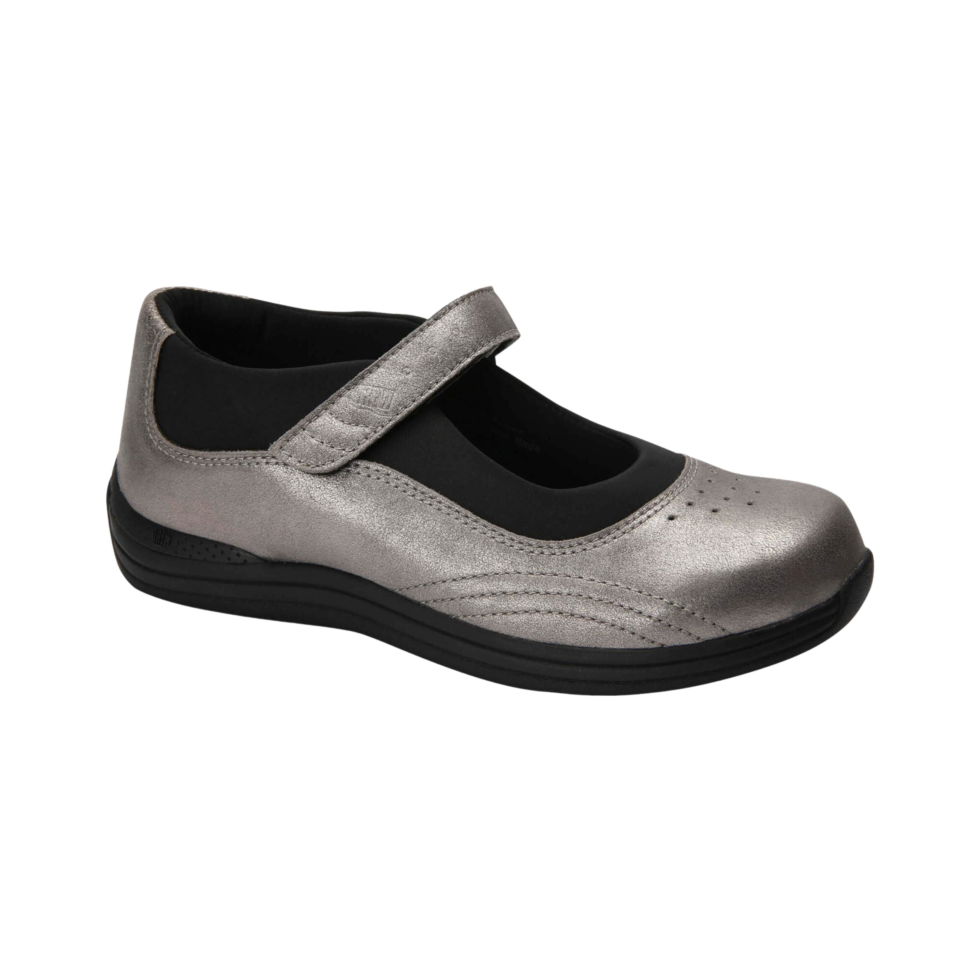 Angled view of Women’s Drew Rose shoe in dusty pewter – featuring soft leather upper with subtle metallic sheen, cushioned footbed with arch support for all-day comfort, flexible outsole for natural movement, and stylish slip-on design blending elegance and casual ease.