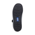 Bottom view of Women’s Drew Rose comfort shoe in black stretch – featuring a slip-resistant outsole, rocker bottom design, and full-ground contact tread.