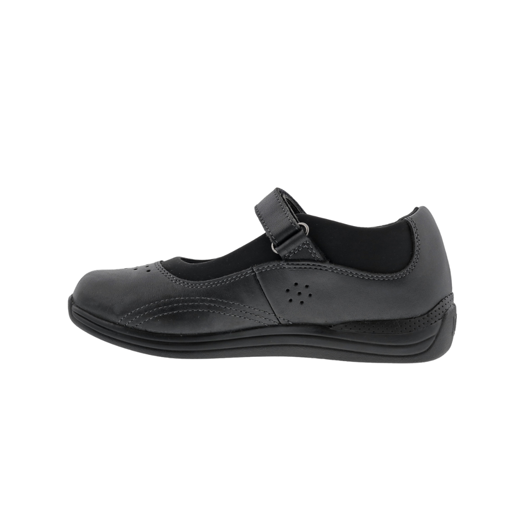 Side view of Women’s Drew Rose comfort shoe in black stretch – featuring a soft, stretchable fabric upper, lightweight cushioned sole, and easy-adjust closure.