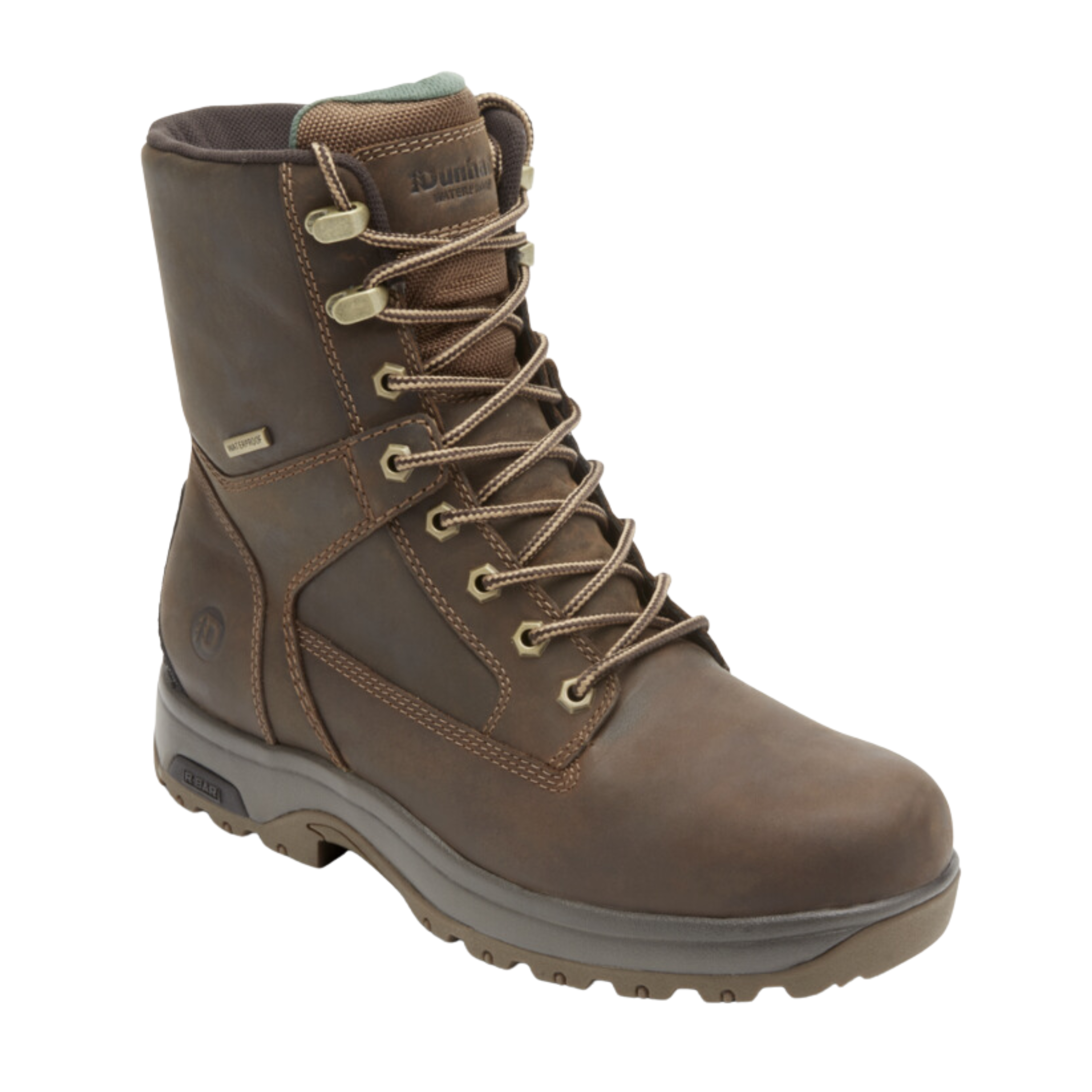 Angled view of Men’s Dunham 8000 Works 8-inch plain toe work boot in brown – featuring durable leather upper, cushioned footbed with arch support, rugged outsole for superior traction, reinforced toe for protection, padded collar for ankle comfort, and construction designed for heavy-duty work environments.