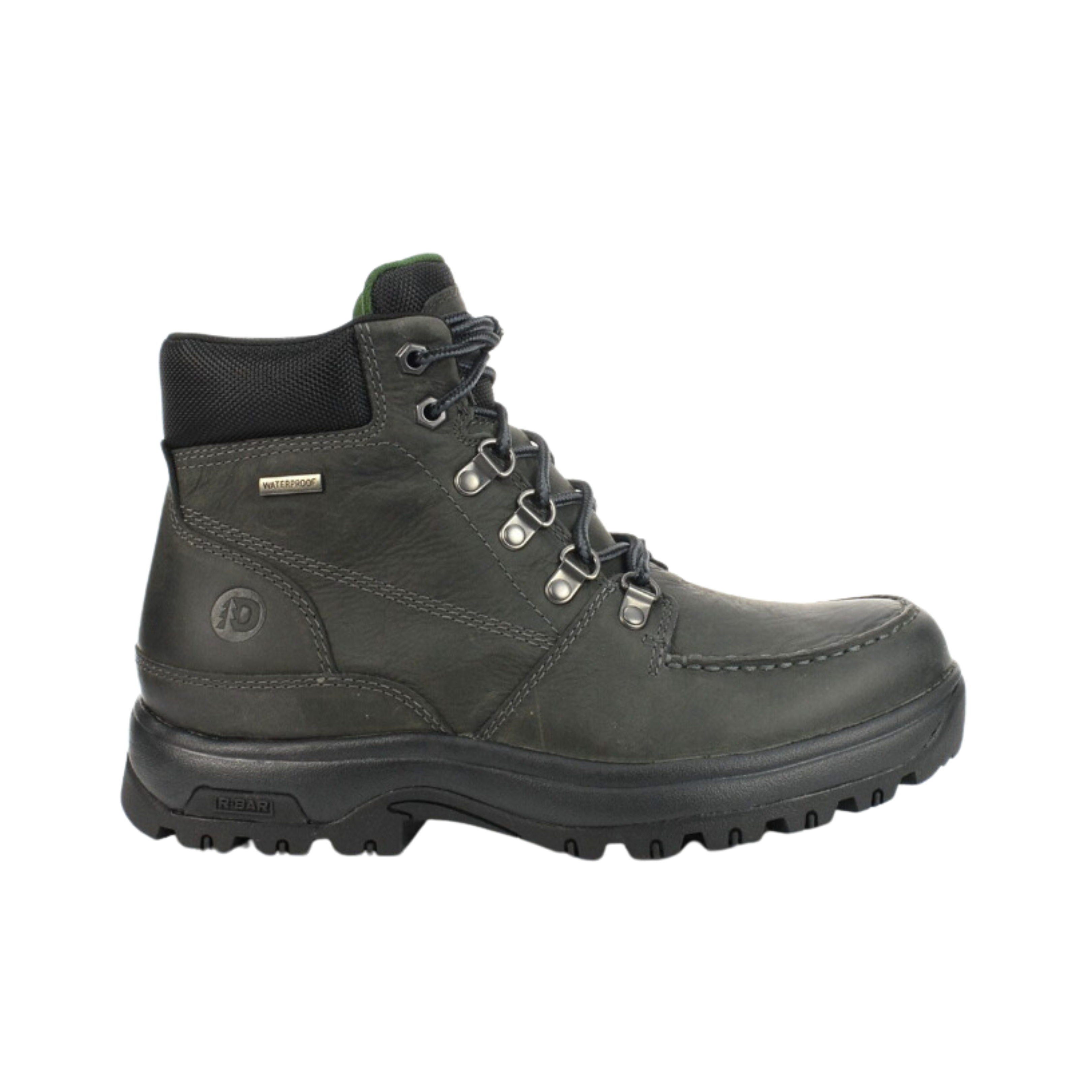 Angled view of Men’s Dunham 8000 Works Moc work boot in castlerock – featuring leather upper, cushioned footbed with arch support, rugged slip-resistant outsole, and padded collar for ankle comfort.