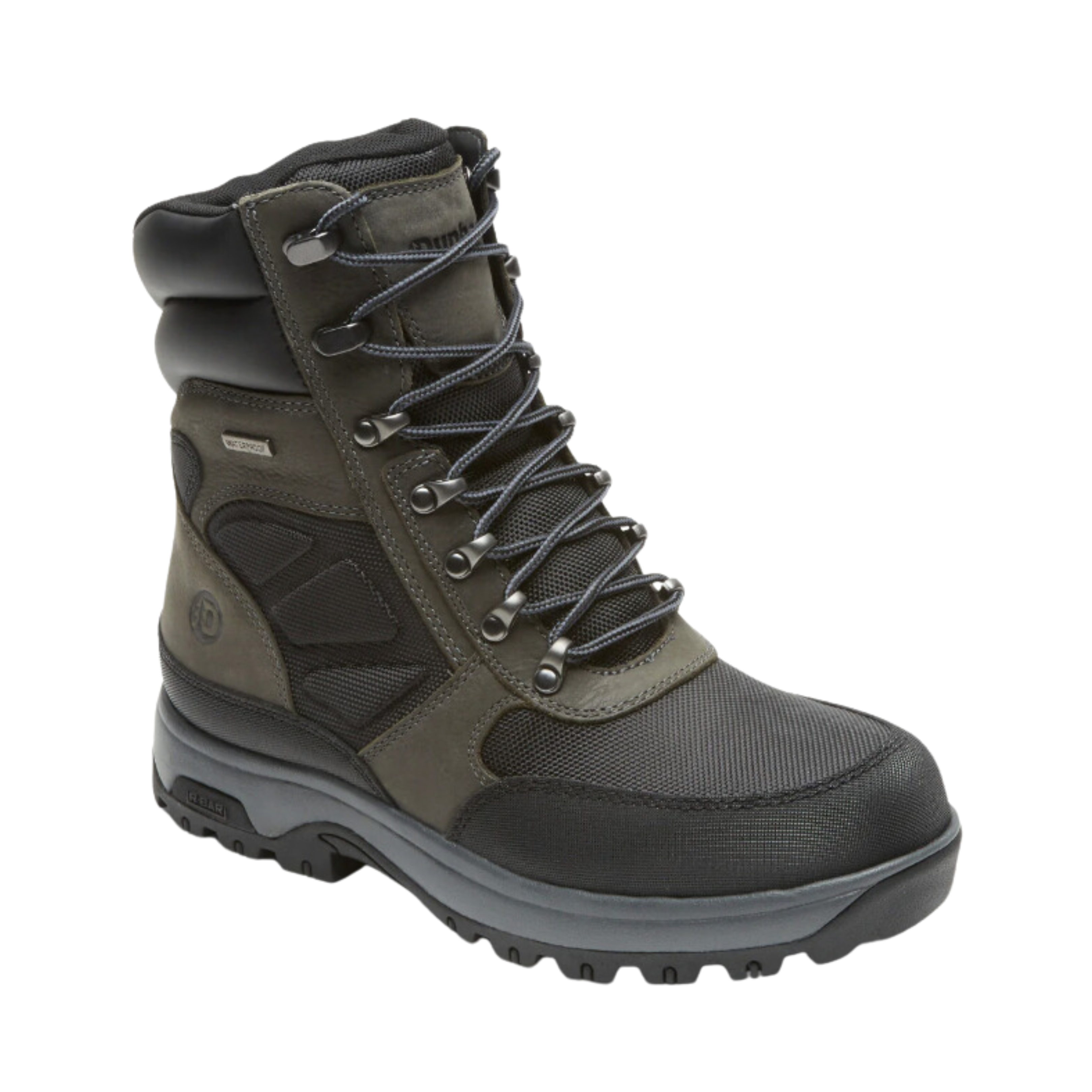 Angled view of Men’s Dunham 8000 Works waterproof 8-inch Ubal boot in black – featuring waterproof leather upper, cushioned ergonomic footbed, slip-resistant rugged outsole, reinforced toe for protection, and padded collar for comfort.