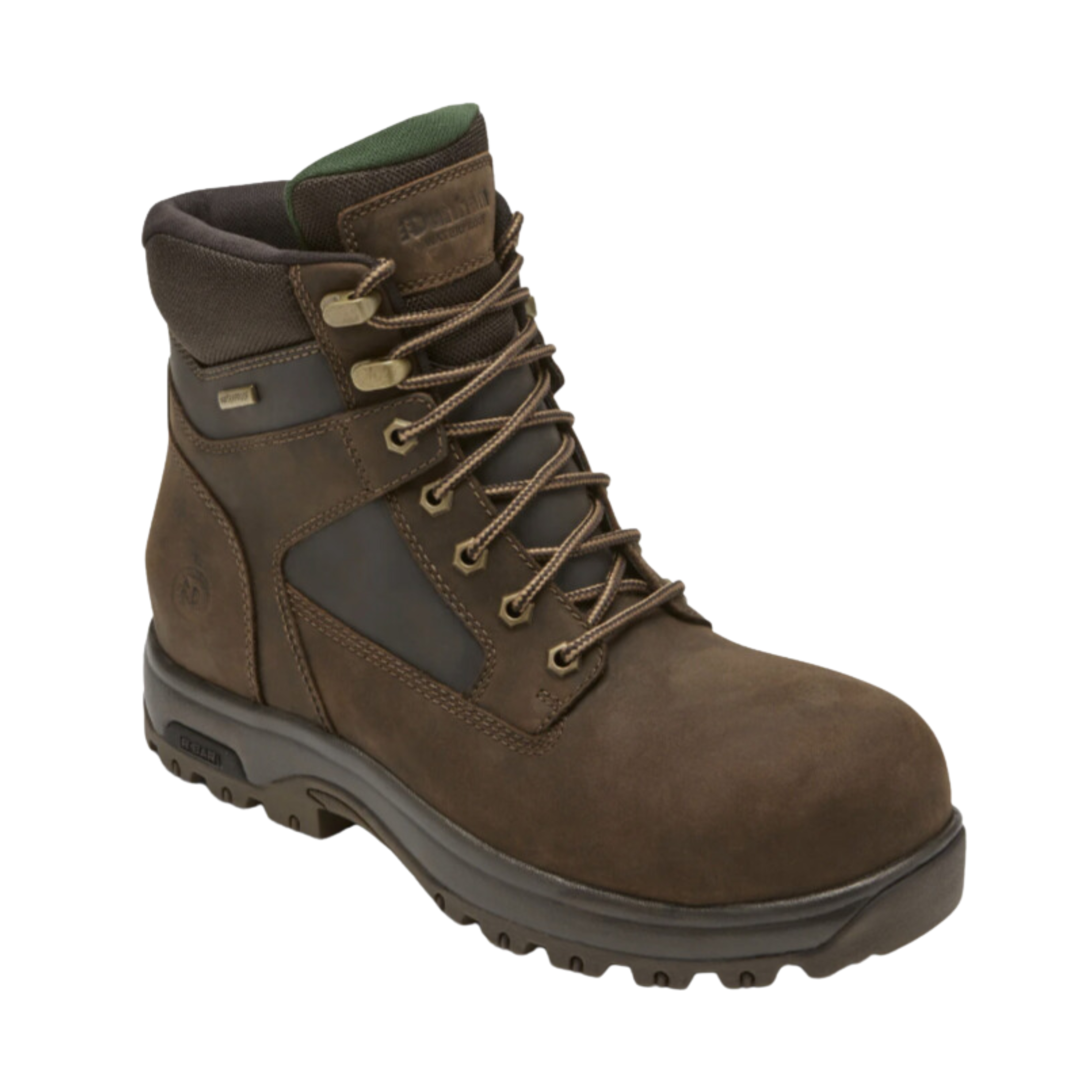 Angled view of Men’s Dunham 8000 Works waterproof safety plain toe boot in brown – featuring waterproof leather upper, safety toe for impact protection, cushioned footbed, slip-resistant sole, and padded collar for ankle support.