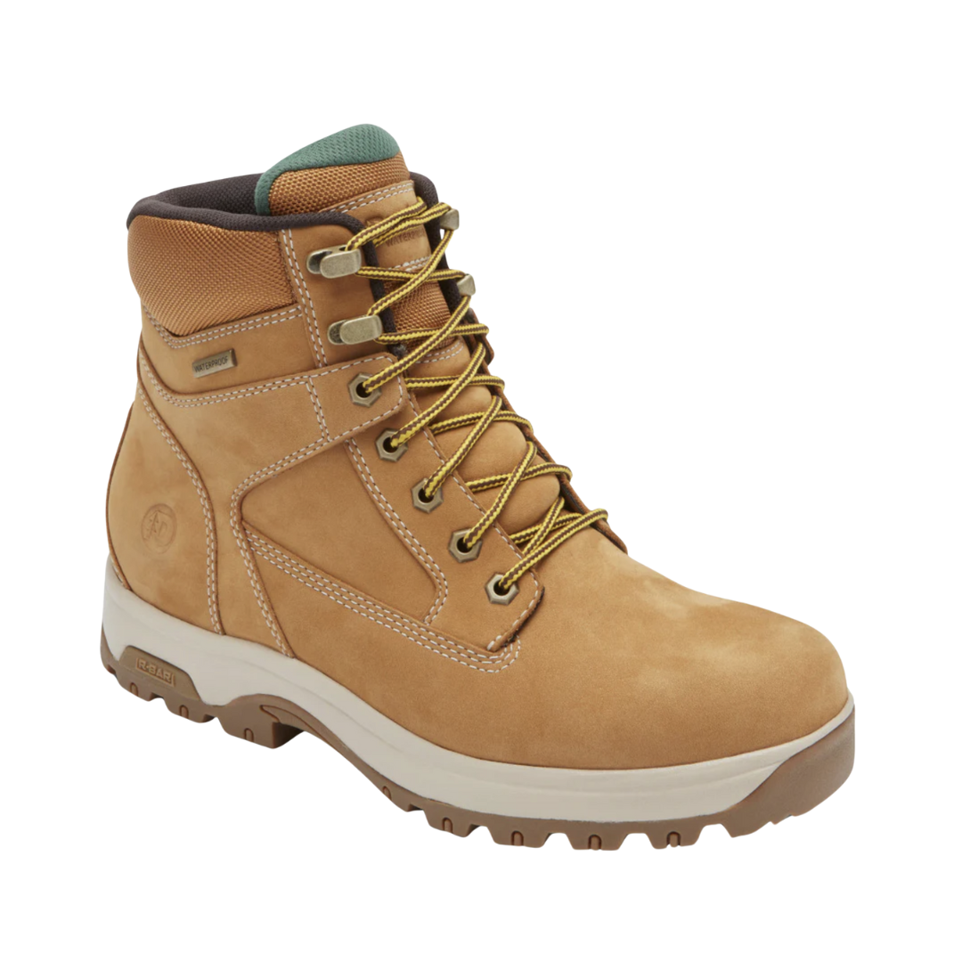 Side View of Men’s Dunham 8000 Works Waterproof 6-Inch Plain Toe Boot in wheat nubuck – featuring seam-sealed waterproof leather for durable weather protection, slip-resistant rubber outsole for jobsite traction, and R-BAR stability technology for enhanced arch support and motion control.
