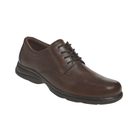 Angled view of Men’s Dunham Bryce Oxford dress shoe in brown and black – featuring leather upper, cushioned footbed, durable outsole, breathable lining, and classic oxford styling.
