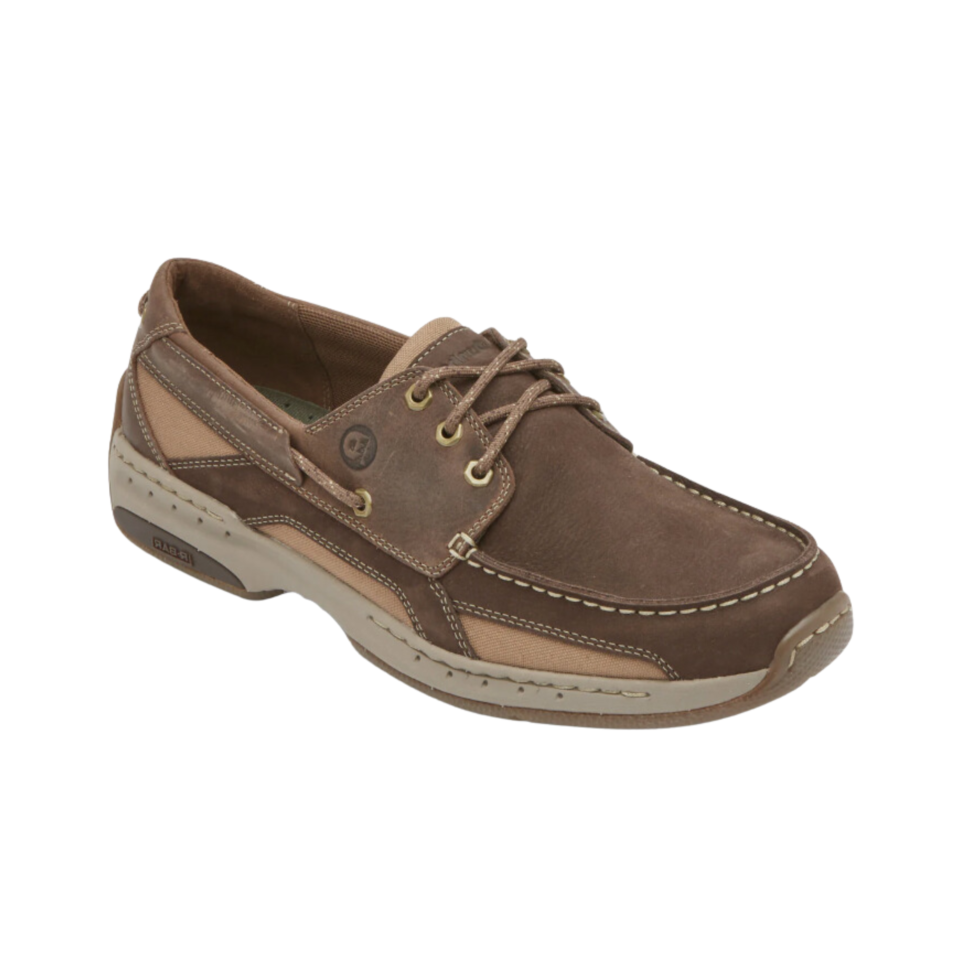 Angled view of Men’s Dunham Captain boat shoe in brown and tan – featuring leather upper with moccasin-style stitching, cushioned footbed, flexible outsole, and slip-on design for convenience.