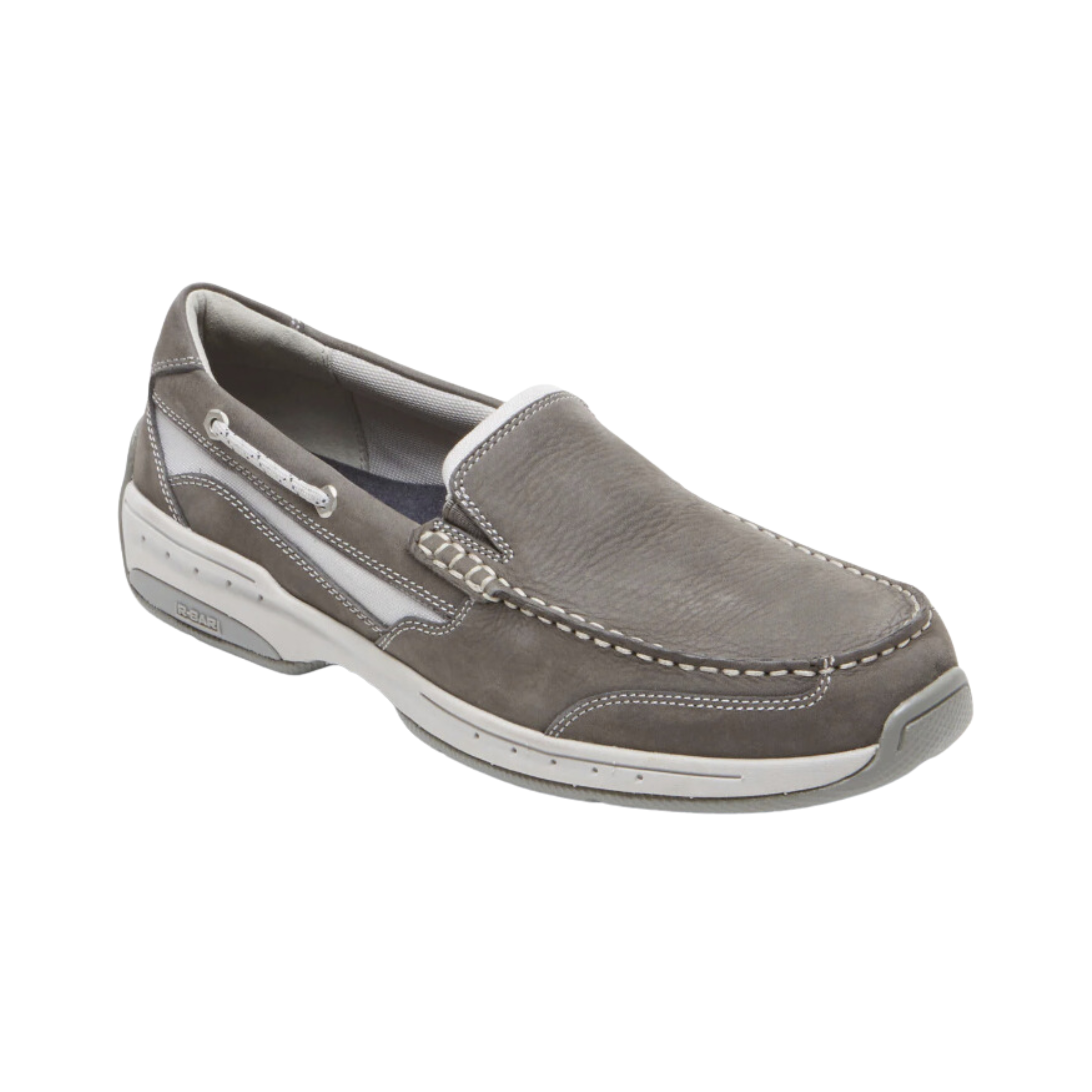 Angled view of Men’s Dunham Captain Venetian boat shoe in grey – featuring leather upper, cushioned footbed, slip-on design, and flexible sole for comfort.