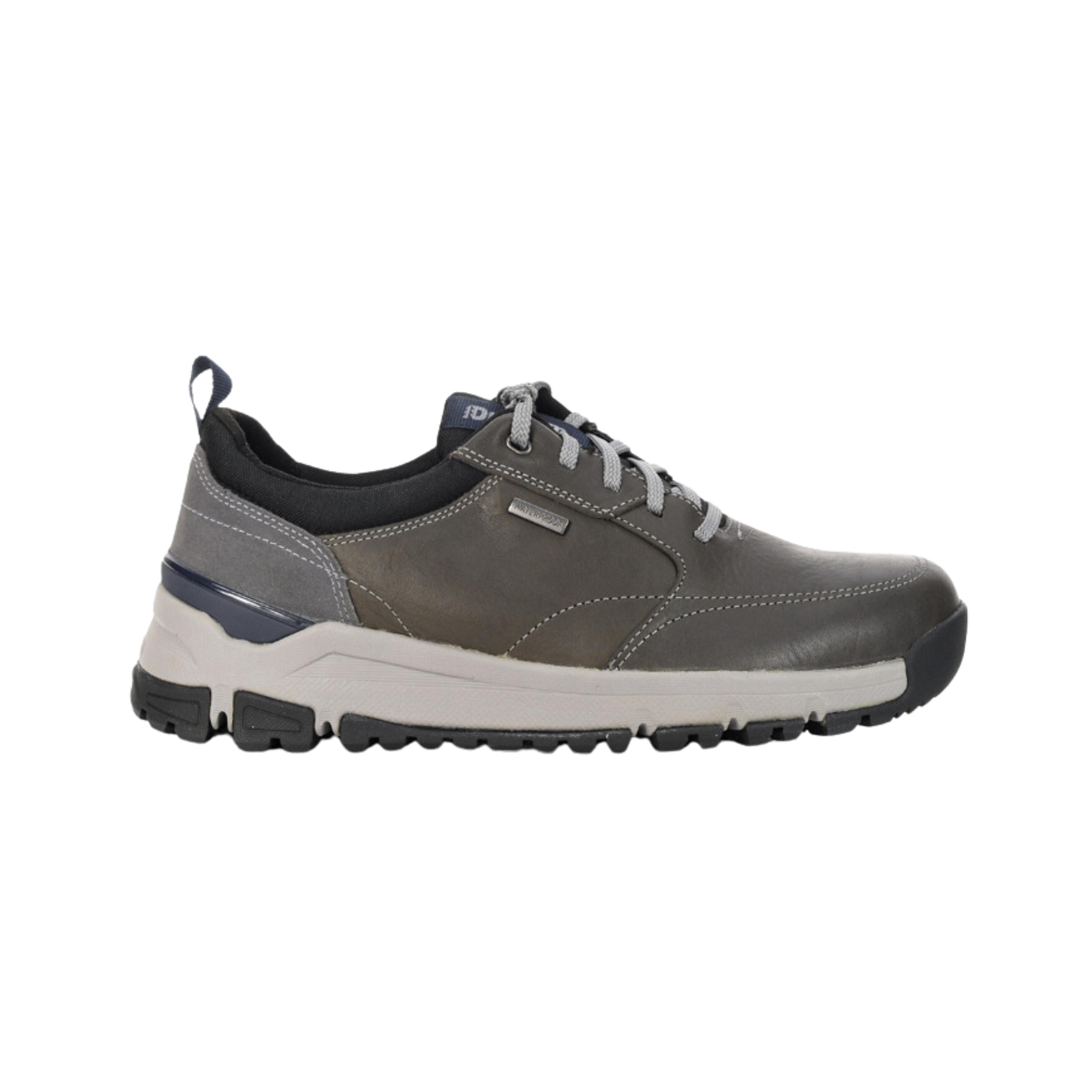 Angled view of Men’s Dunham Glastonbury Ubal II casual shoe in grey and black – featuring leather and textile upper, cushioned footbed with arch support, flexible outsole for natural movement, and durable construction for everyday wear.