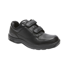 Side view of Men’s Dunham Hook & Loop Oxford shoe in black – featuring smooth leather upper with a sleek, polished finish; easy-to-use hook and loop closure for quick adjustments and secure fit; cushioned footbed designed for all-day comfort and support; durable rubber outsole providing reliable traction; and a classic oxford silhouette updated with modern convenience for versatile casual or office wear.