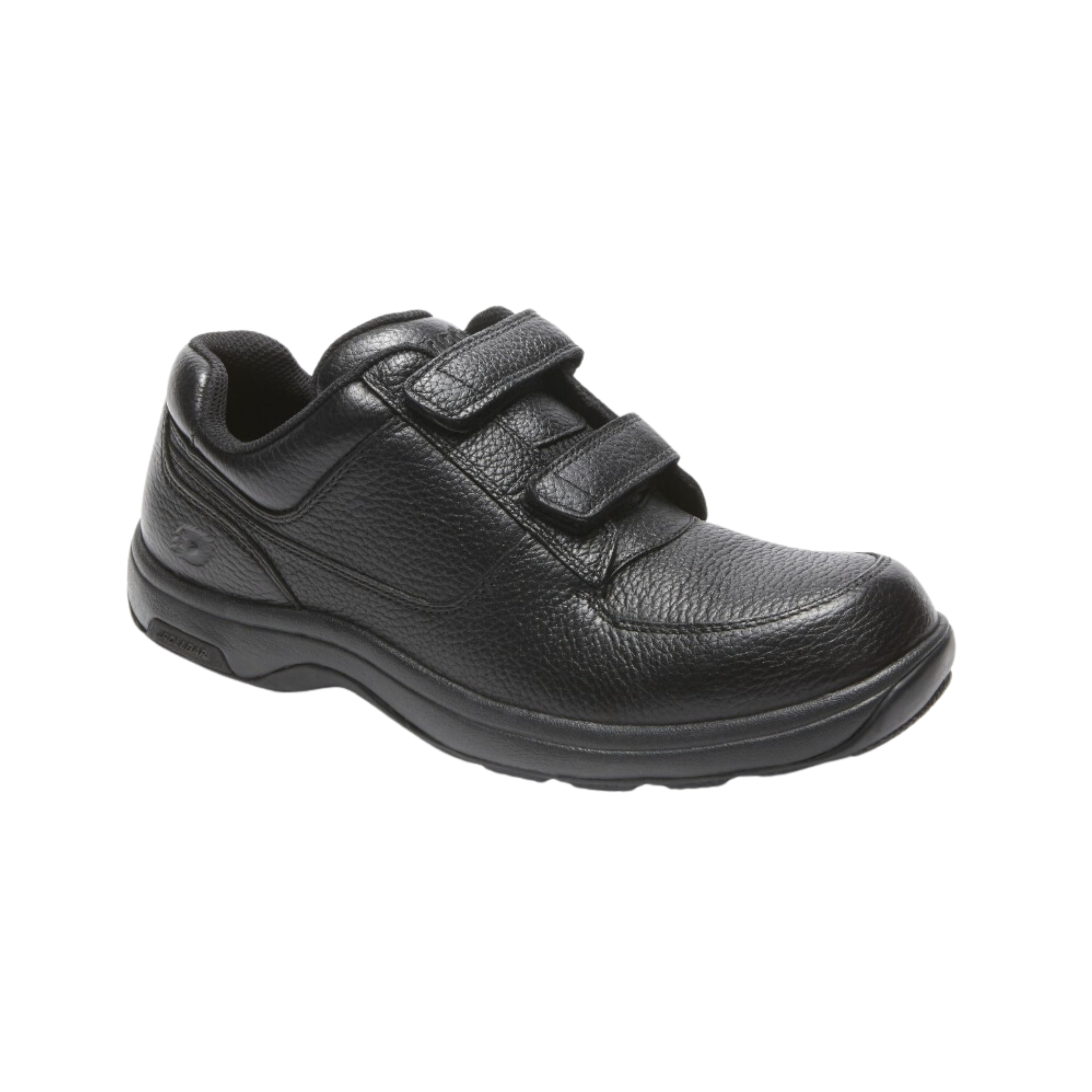 Side view of Men’s Dunham Hook & Loop Oxford shoe in black – featuring smooth leather upper with a sleek, polished finish; easy-to-use hook and loop closure for quick adjustments and secure fit; cushioned footbed designed for all-day comfort and support; durable rubber outsole providing reliable traction; and a classic oxford silhouette updated with modern convenience for versatile casual or office wear.