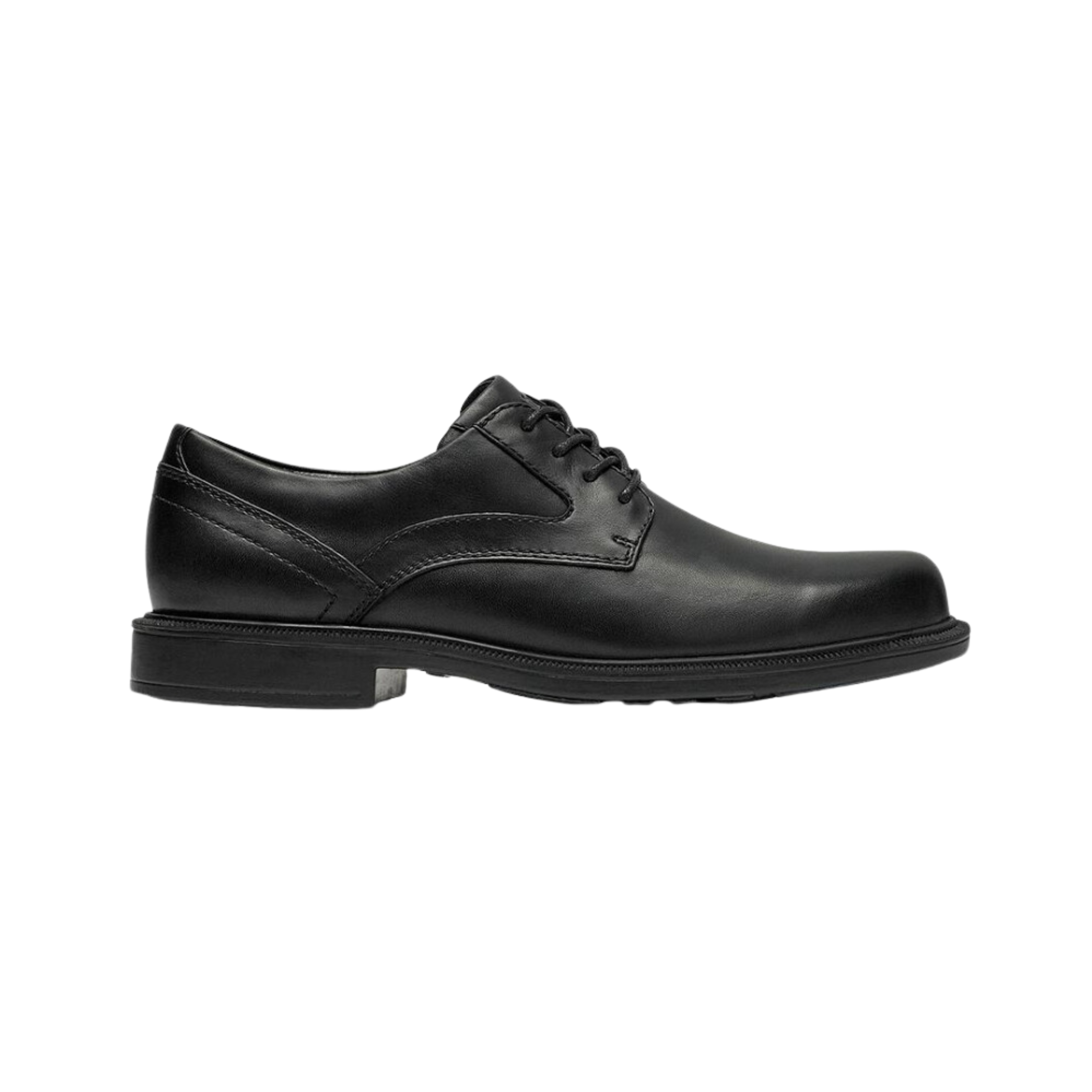 Side  view of Men’s Dunham Jericho Oxford dress shoe in black – featuring leather upper, cushioned footbed, durable outsole, and classic oxford styling.