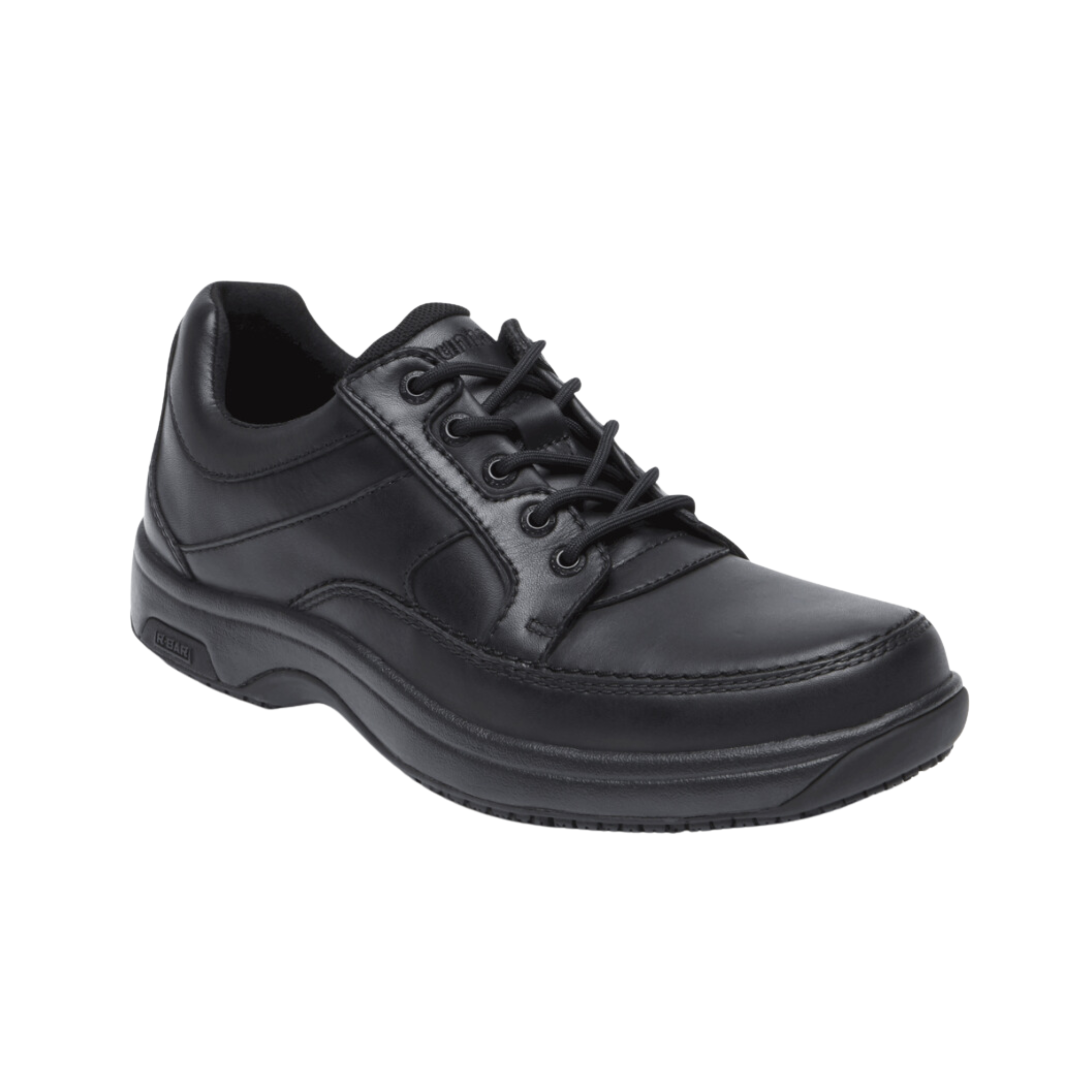 Angled view of Men’s Dunham Midland Service casual dress shoe in black – featuring leather upper, cushioned footbed, flexible sole, and breathable lining.