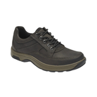Angled view of Men’s Dunham Midland waterproof oxford in brown and tan – featuring waterproof leather upper, cushioned footbed, breathable lining, and durable sole for wet conditions.