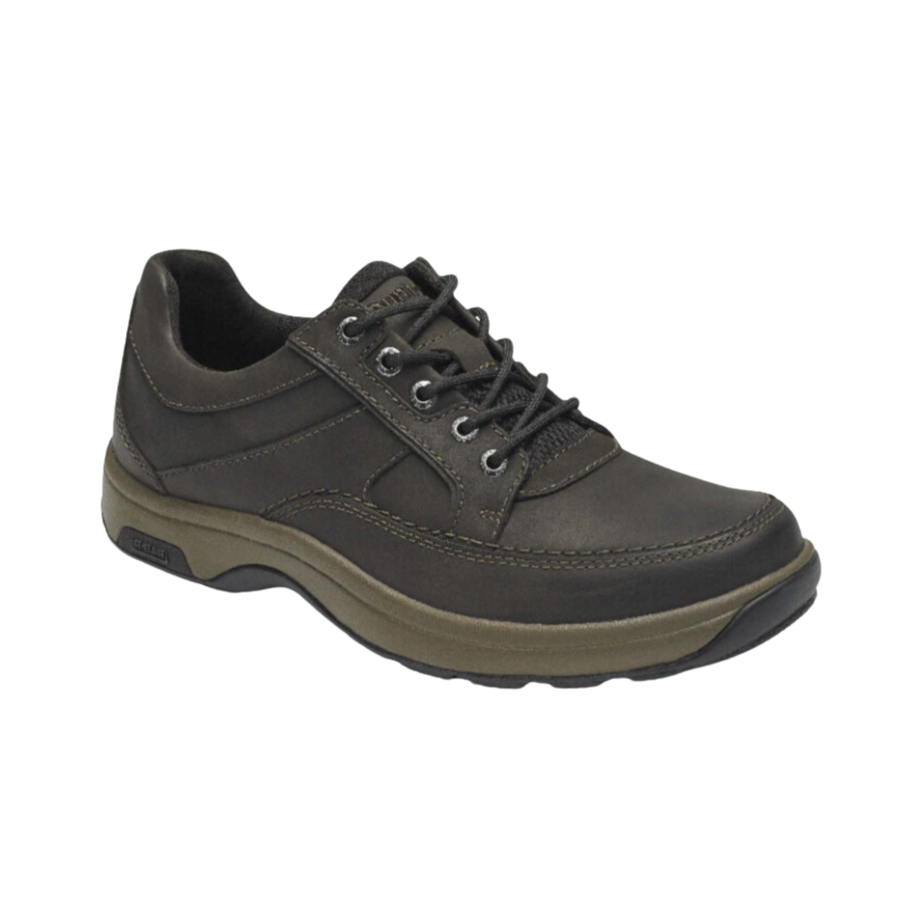 Angled view of Men’s Dunham Midland waterproof oxford in brown and tan – featuring waterproof leather upper, cushioned footbed, breathable lining, and durable sole for wet conditions.