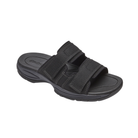 Angled view of Men’s Dunham Newport Waterproof 2-strap slide sandal in black – featuring waterproof synthetic upper, adjustable straps for custom fit, cushioned footbed, and durable slip-resistant outsole.