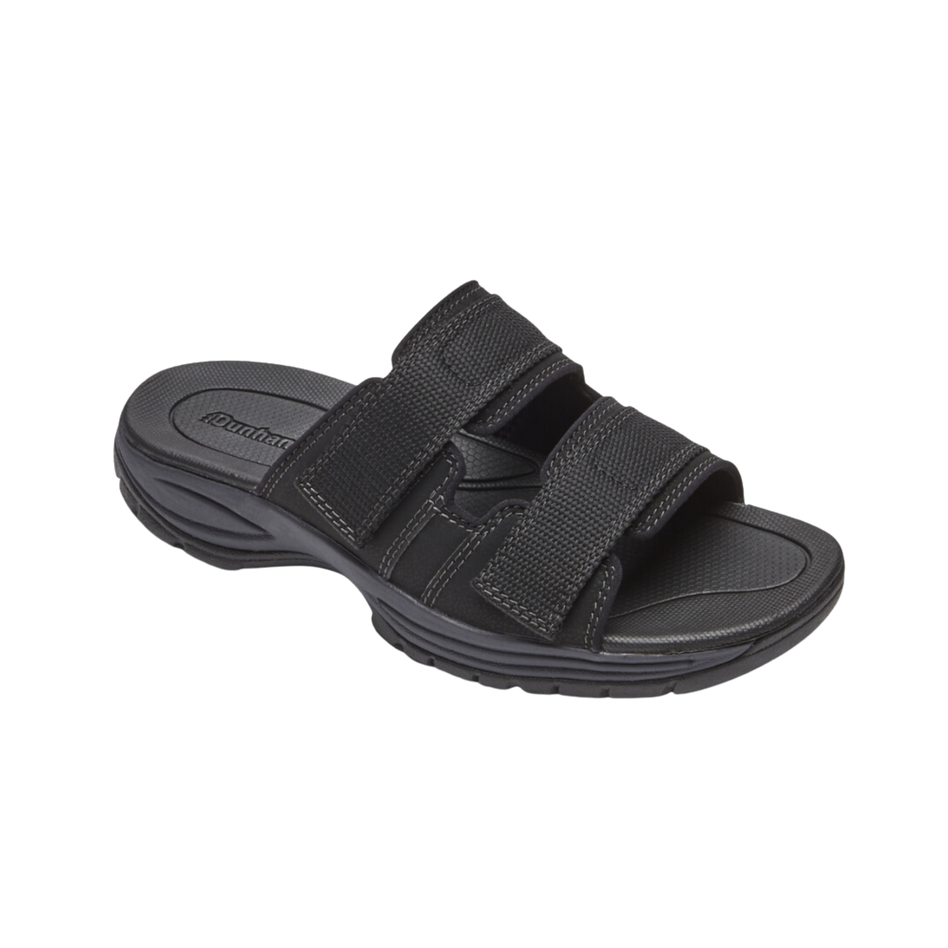 Angled view of Men’s Dunham Newport Waterproof 2-strap slide sandal in black – featuring waterproof synthetic upper, adjustable straps for custom fit, cushioned footbed, and durable slip-resistant outsole.