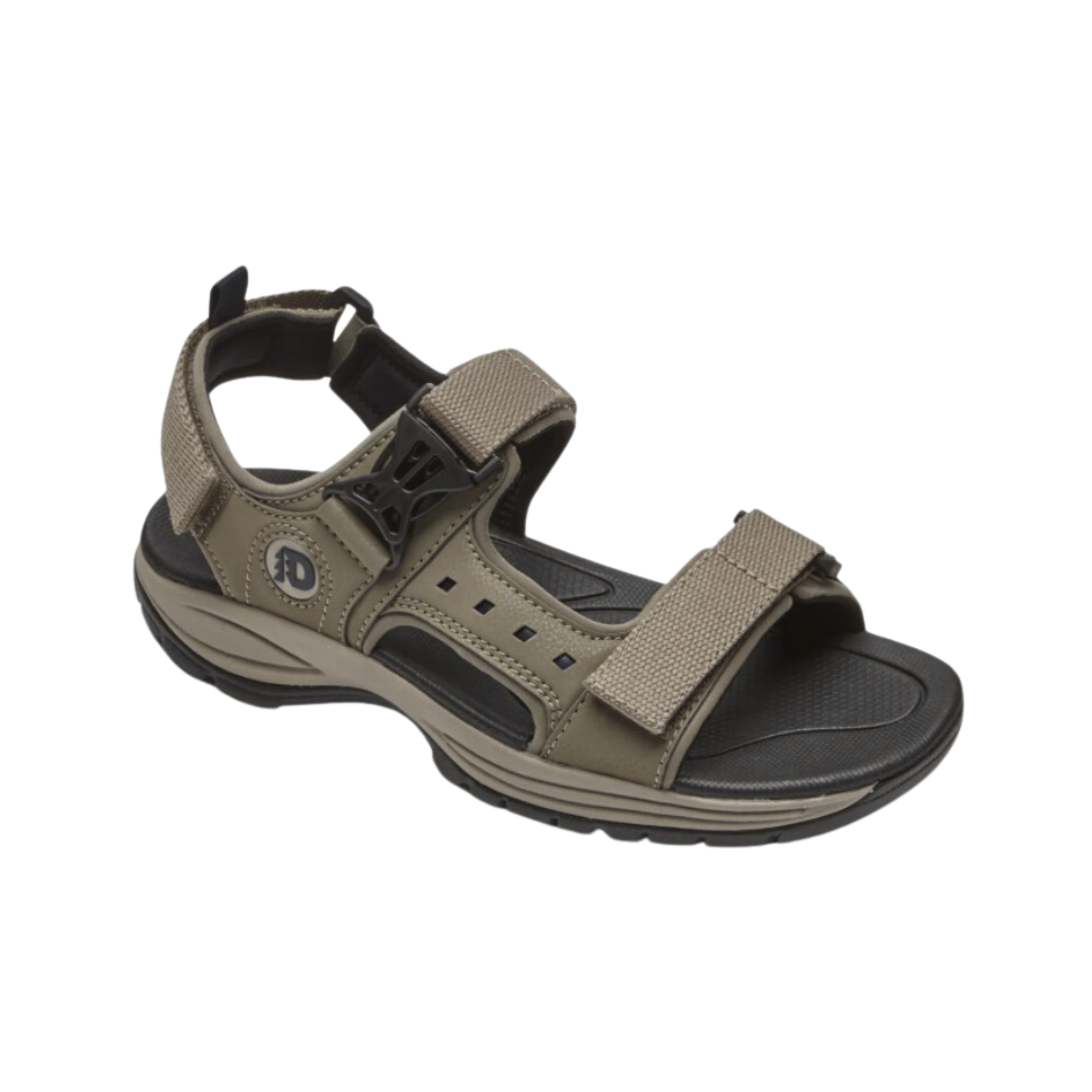 Angled view of Men’s Dunham Nolan 3-strap velcro sandal in taupe – featuring adjustable straps for secure fit, cushioned footbed for comfort, and durable slip-resistant outsole.