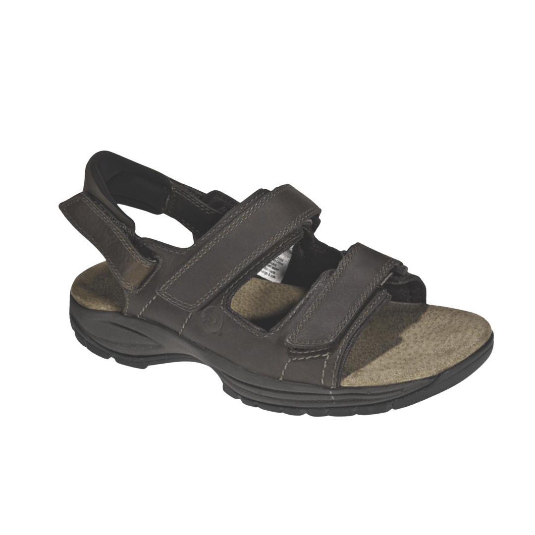 Side View of Men’s Dunham St. Johnsbury Sandal in brown leather – featuring premium full-grain leather upper for durability, three adjustable hook-and-loop straps for a personalized fit, and a cushioned EVA footbed with a sturdy rubber outsole for long-lasting comfort and traction.