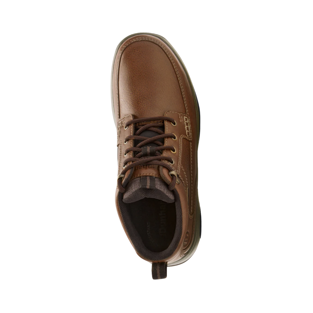 Top View of Men’s Dunham 8000 Mid Waterproof Boot in tan – featuring a cushioned collar for ankle stability, moisture-wicking lining, and ergonomic footbed for arch support and all-day wear.