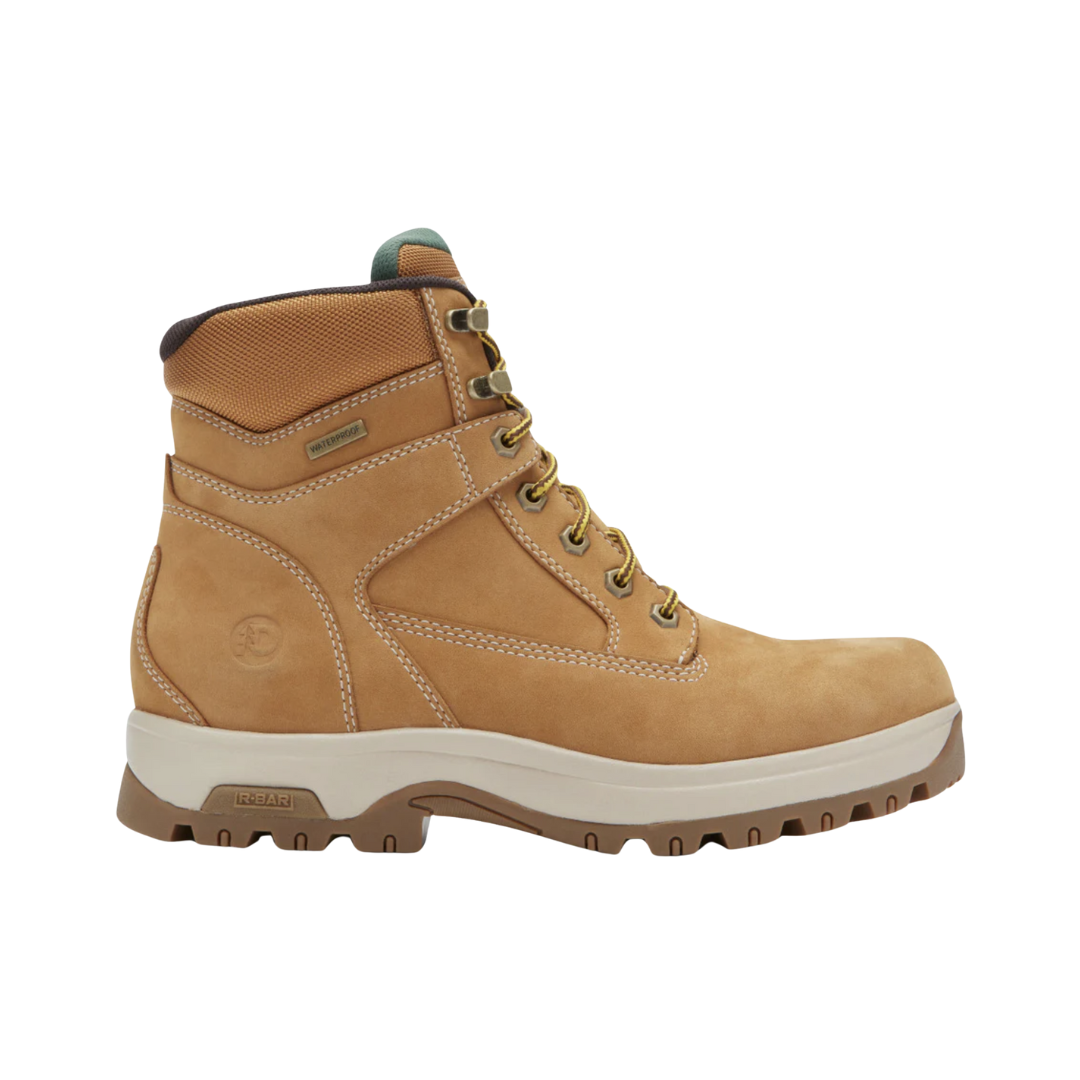 Side View of Men’s Dunham 8000 Works Waterproof 6-Inch Plain Toe Boot in wheat nubuck – featuring waterproof seam-sealed construction, supportive 6-inch shaft height for ankle protection, and durable nubuck leather upper designed for tough conditions.