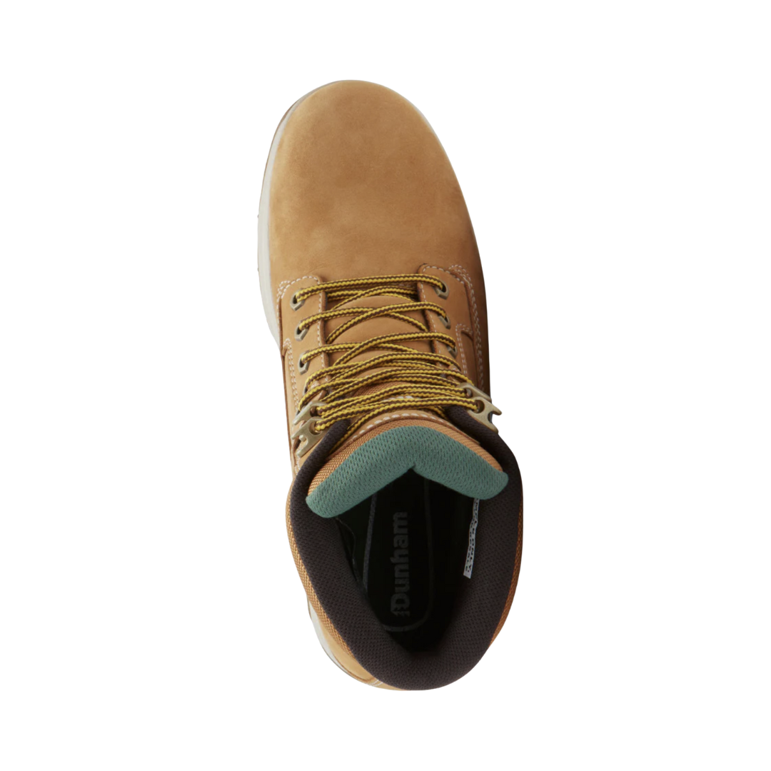 Top View of Men’s Dunham 8000 Works Waterproof 6-Inch Plain Toe Boot in wheat nubuck – featuring cushioned collar for ankle support, moisture-wicking interior, and contoured footbed for arch stability and reduced foot fatigue.