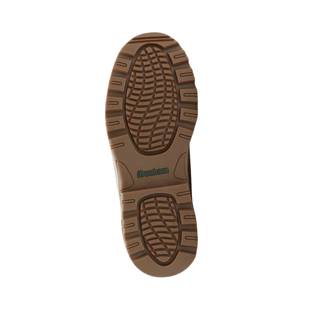Bottom View of Men’s Dunham 8000 Works Waterproof 6-Inch Plain Toe Boot in wheat nubuck – featuring a slip-resistant rubber outsole with rugged tread pattern for traction on varied surfaces in work or outdoor settings.