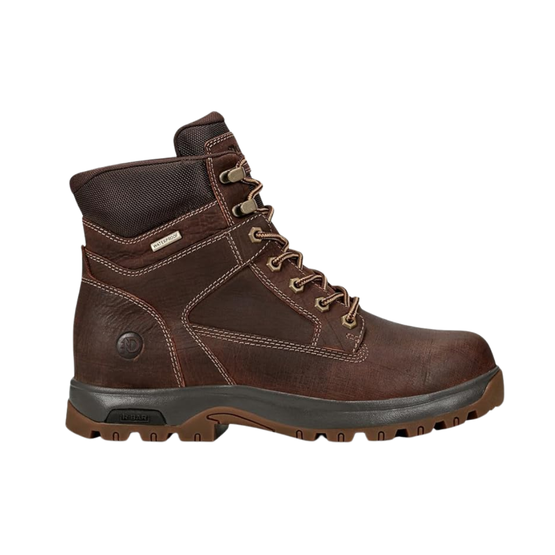 Side View of Men’s Dunham 8000 Works Waterproof Plain Toe Boot in Brown leather – featuring full-grain waterproof leather construction, seam-sealed protection, and a rugged slip-resistant rubber outsole for reliable traction.