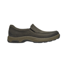 Side View of Men’s Dunham Battery Park Slip-On shoe in brown nubuck – featuring waterproof construction, supportive midsole for shock absorption, and a classic slip-on profile with smooth, durable nubuck leather.