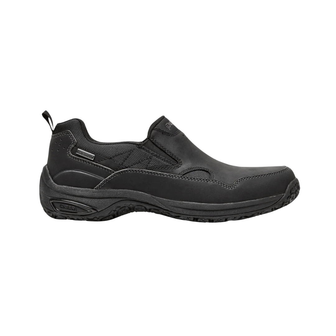 Side View of Men’s Dunham Cloud Plus Waterproof Slip-On shoe in black – featuring waterproof leather construction, cushioned midsole for shock absorption, and a low-profile silhouette ideal for versatile everyday wear.