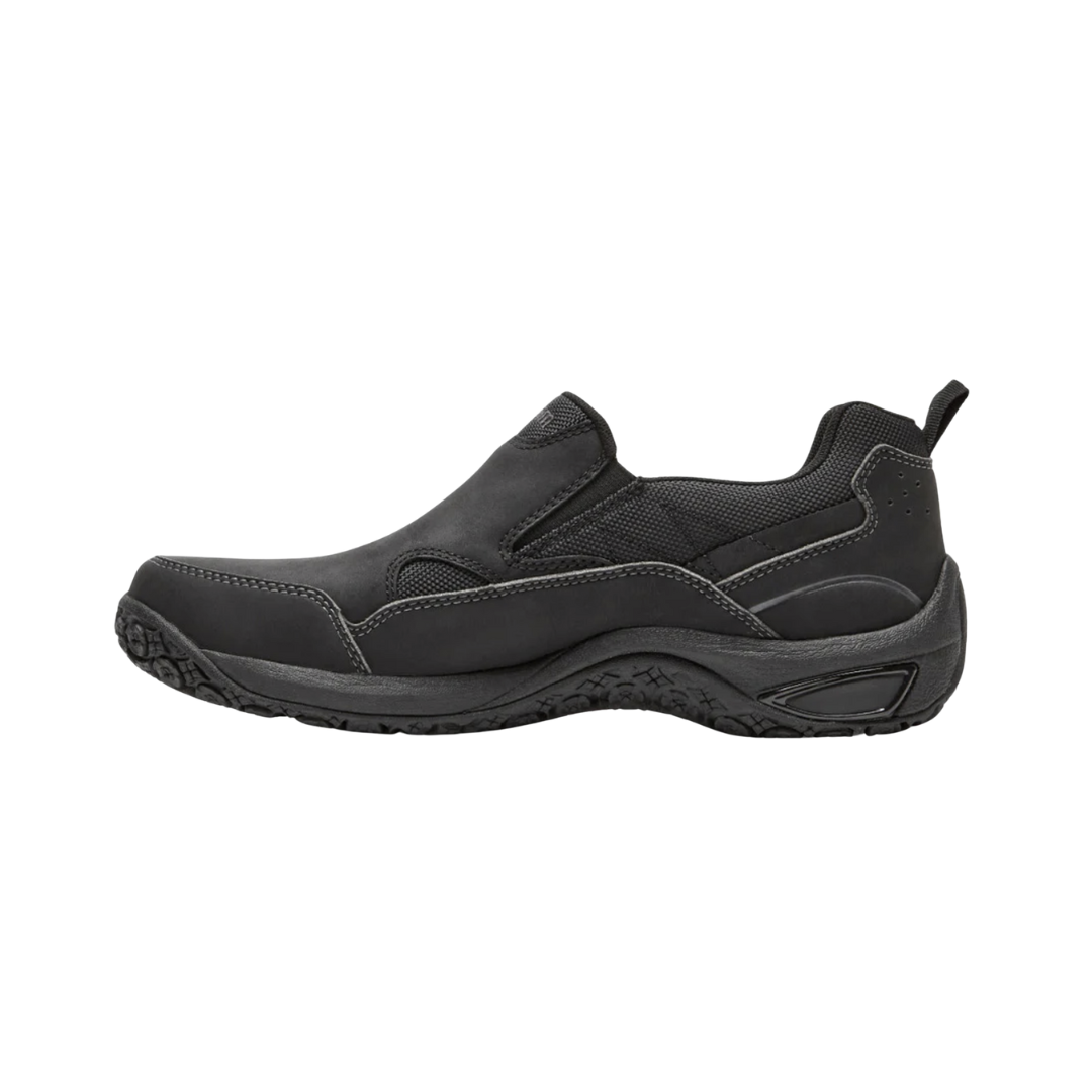 Side View of Men’s Dunham Cloud Plus Waterproof Slip-On shoe in black – featuring waterproof leather construction, cushioned midsole for shock absorption, and a low-profile silhouette ideal for versatile everyday wear.