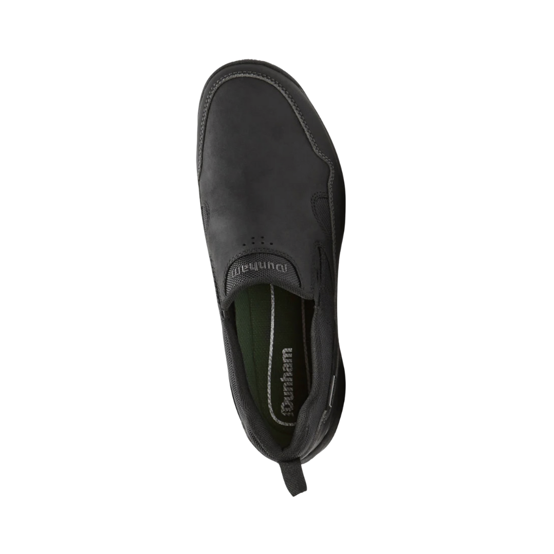 Top View of Men’s Dunham Cloud Plus Waterproof Slip-On shoe in black – featuring padded collar, twin gore panels for a snug fit, and a contoured footbed for arch support and all-day comfort.