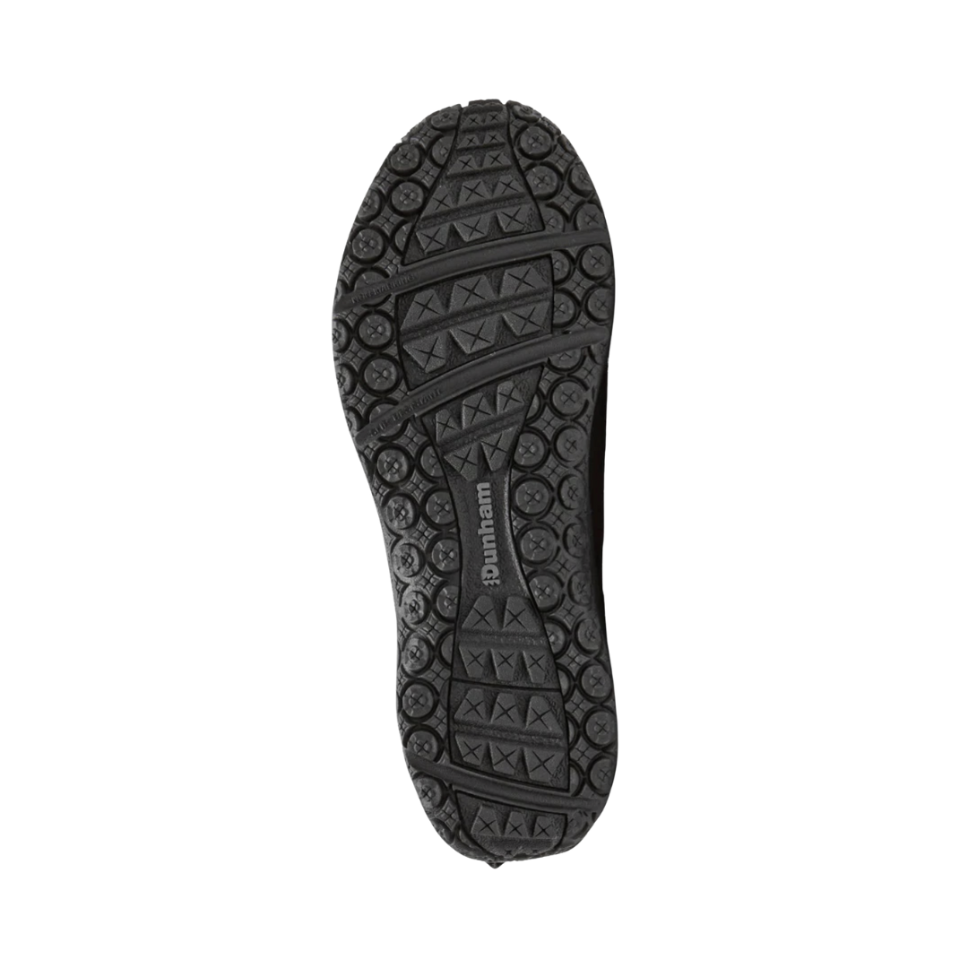 Bottom View of Men’s Dunham Cloud Plus Waterproof Slip-On shoe in black – featuring a rugged rubber outsole with multi-directional tread for slip resistance and reliable traction on wet or uneven terrain.