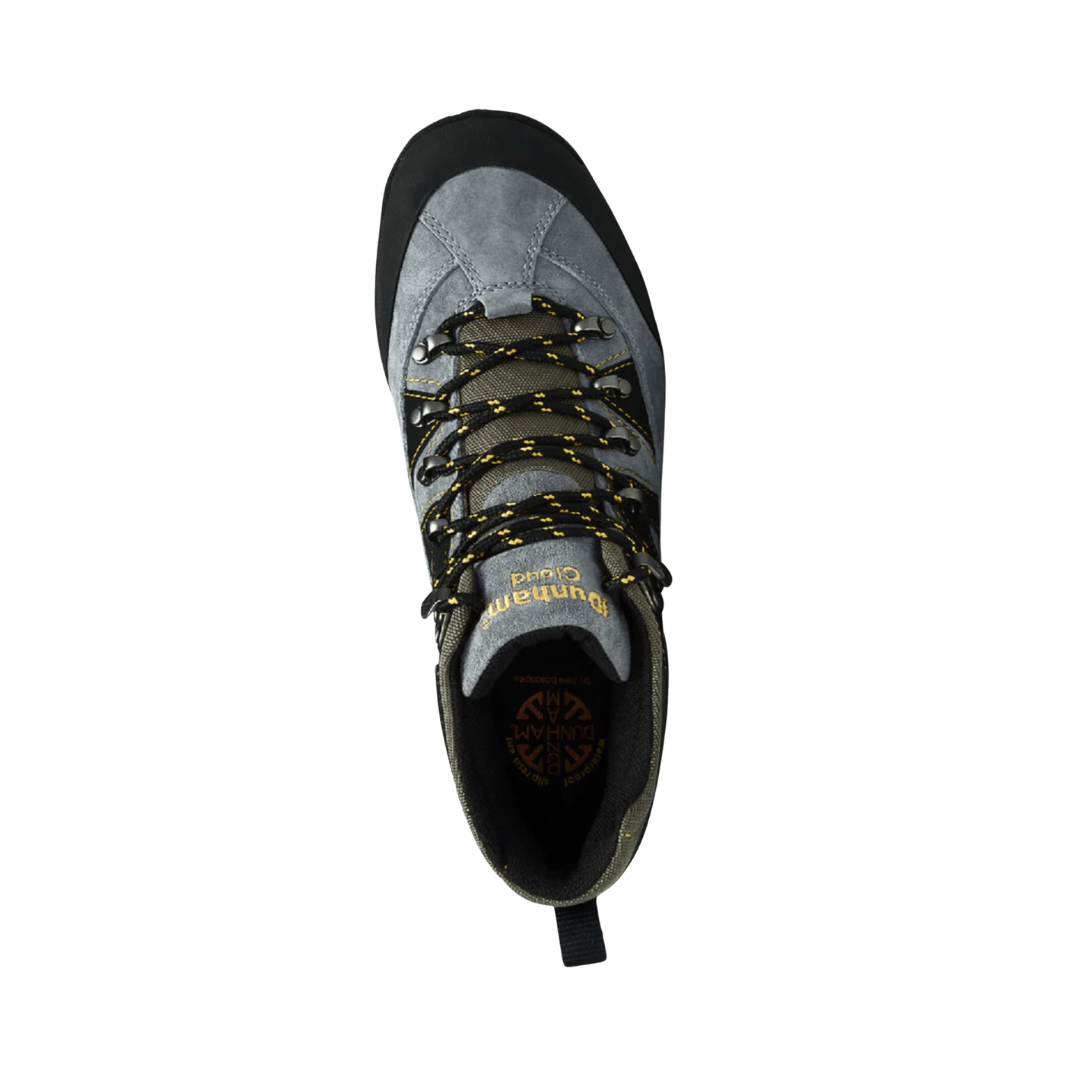 Top View of Men’s Dunham Cloud Waterproof Boot in slate – featuring padded collar for ankle support, breathable lining, and ergonomic footbed for arch support and shock absorption.