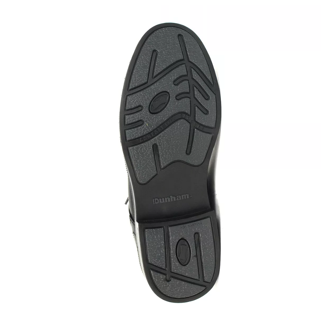 Bottom view of Men's Dunham Jericho Oxford in black – featuring a rubber outsole with a tread pattern designed for traction and stability.