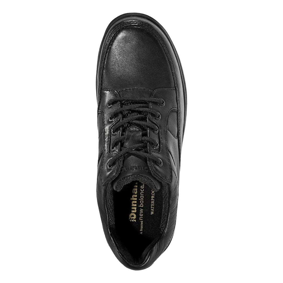 Top view of Men's Dunham Midland Service Oxford in black – featuring a padded collar and tongue, lace-up closure with metal eyelets, and a removable EVA footbed for enhanced cushioning and support.