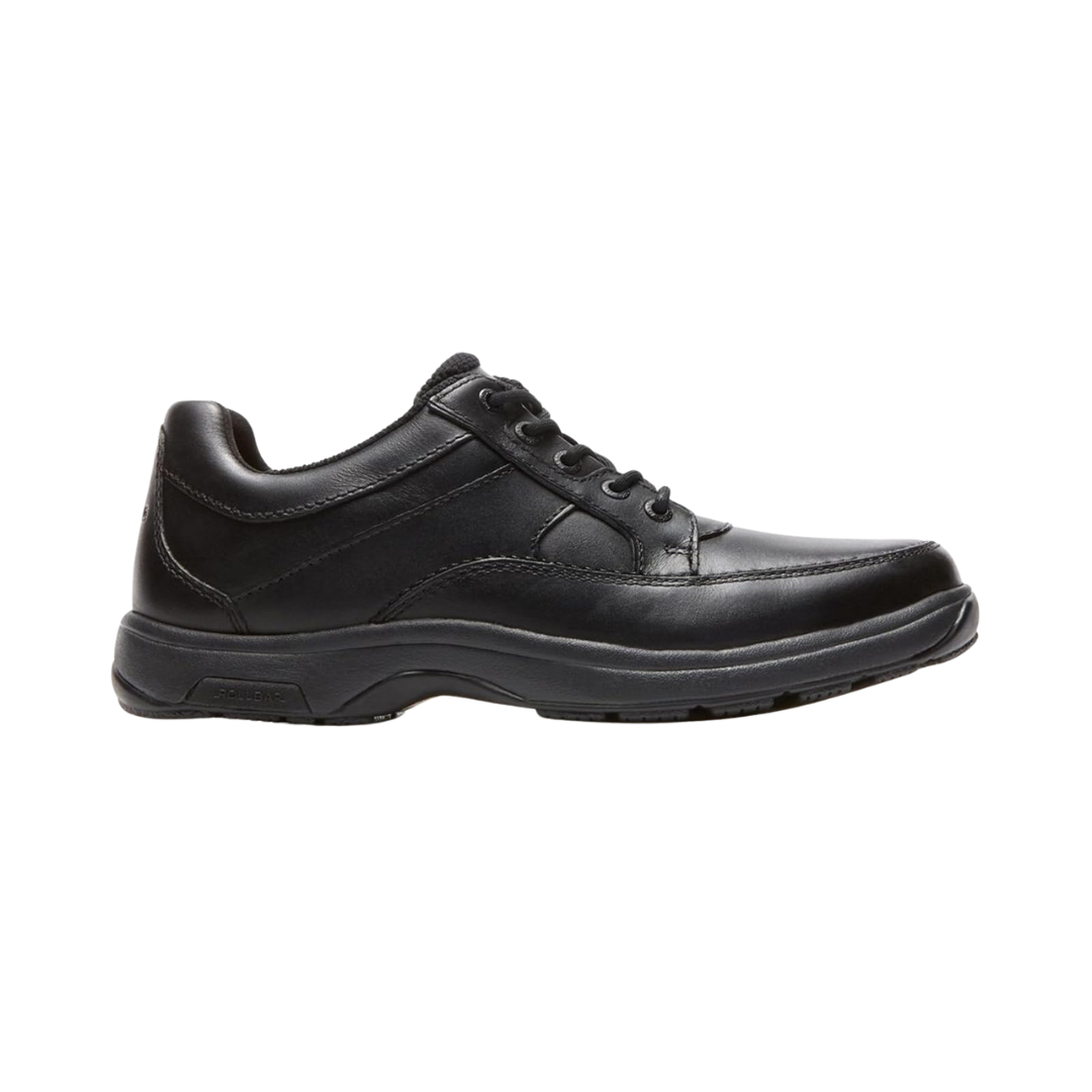 Side view of Men's Dunham Midland Service Oxford in black – featuring a full-grain leather upper, seam-sealed waterproof construction, and a slip-resistant rubber outsole for reliable traction.