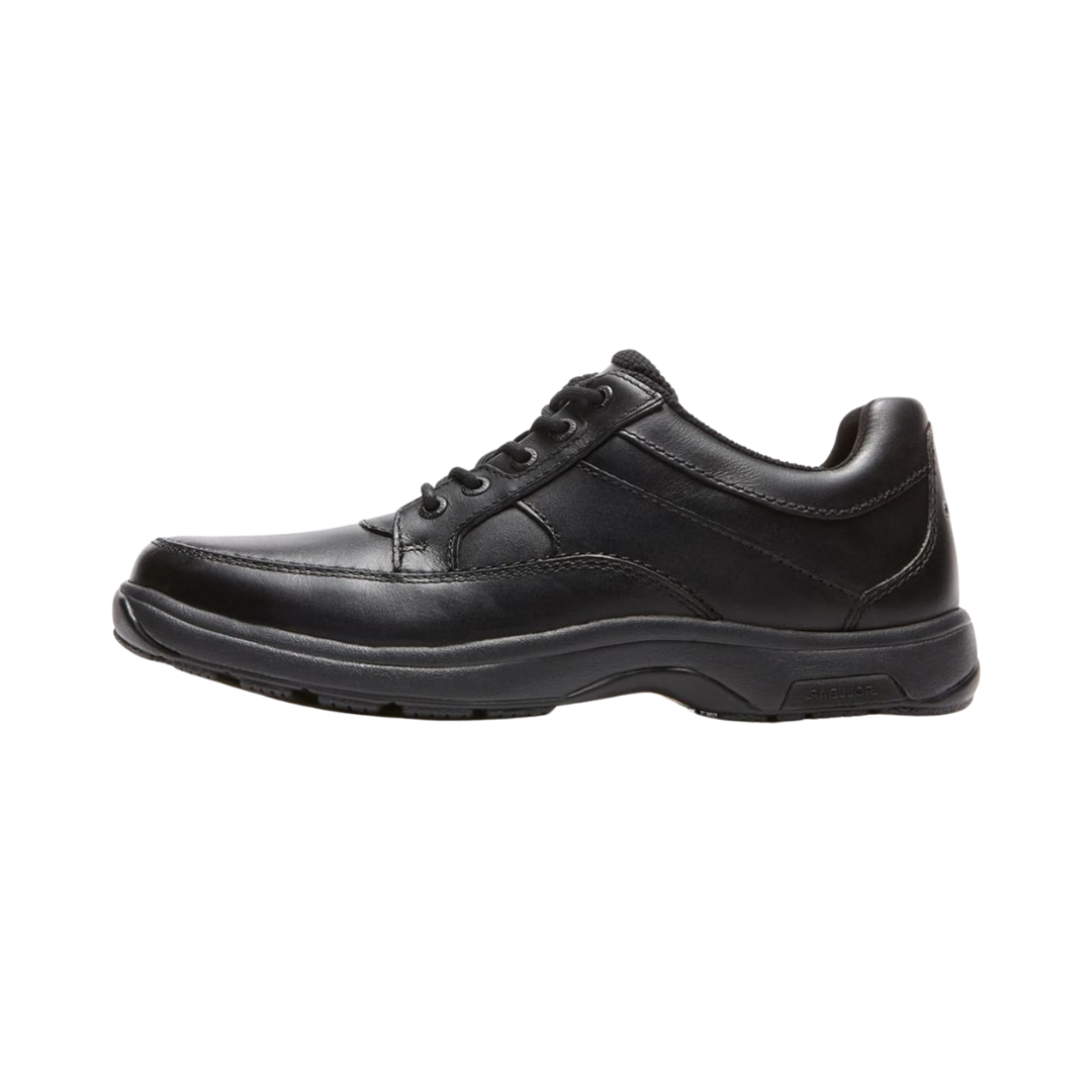 Side view of Men's Dunham Midland Service Oxford in black – featuring a full-grain leather upper, seam-sealed waterproof construction, and a slip-resistant rubber outsole for reliable traction.