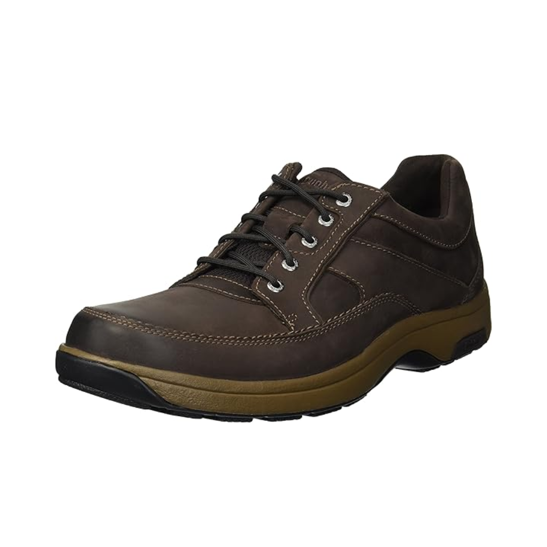 Angled view of Men's Dunham Midland Waterproof Oxford in brown nubuck – featuring the classic design, lace-up closure, and durable construction suitable for both casual and professional settings.