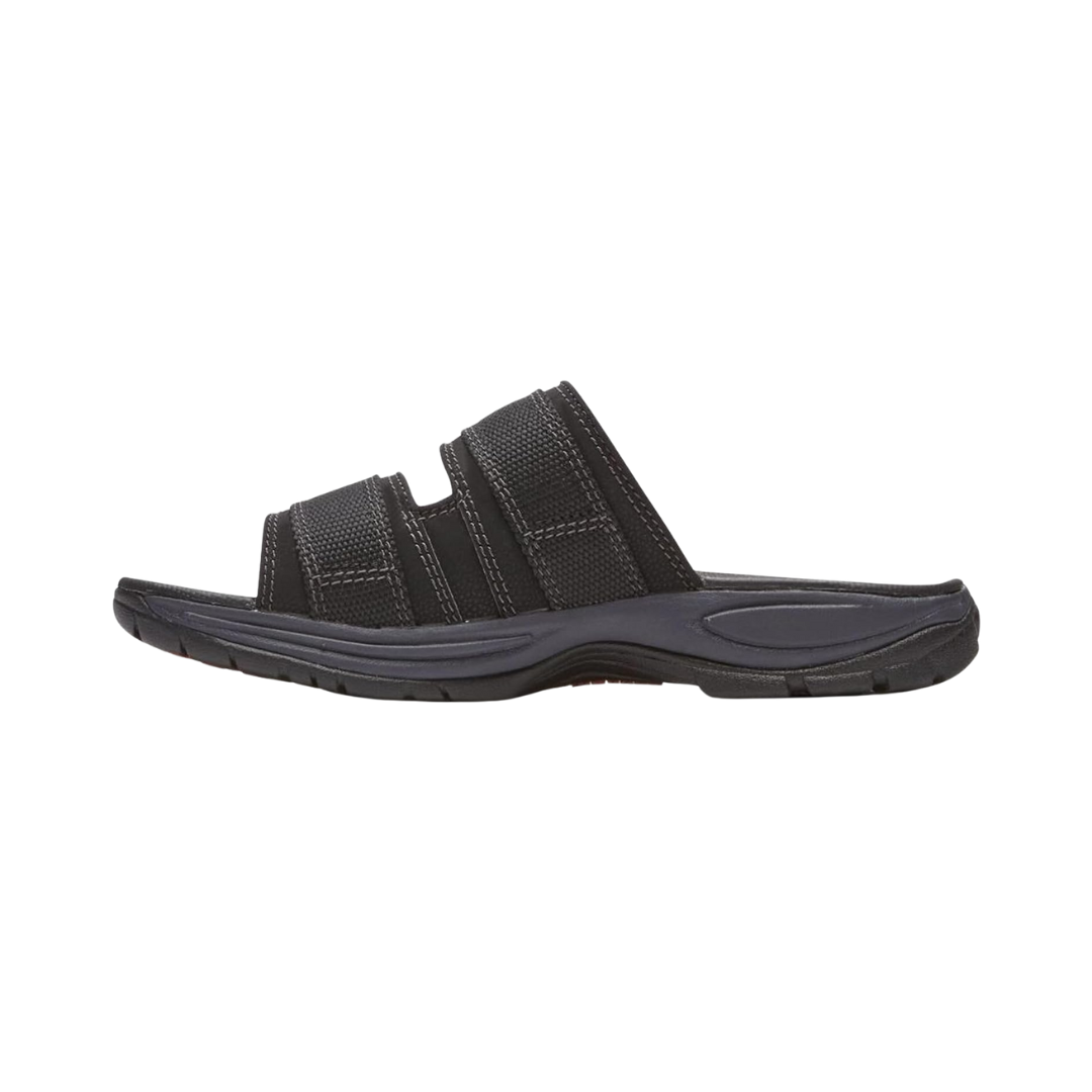 Side view of Men's Dunham Newport Waterproof Slide in black – featuring a durable synthetic upper, waterproof construction, and a slip-resistant rubber outsole for reliable traction on various surfaces.