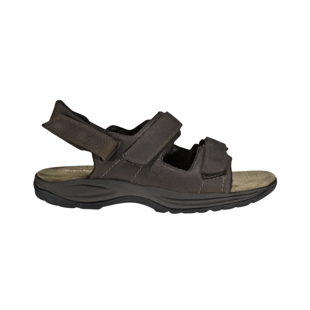 Side View of Men’s Dunham St. Johnsbury Sandal in brown leather – featuring a supportive midsole for shock absorption, ergonomic footbed for plantar support, and classic sandal silhouette with premium leather construction.