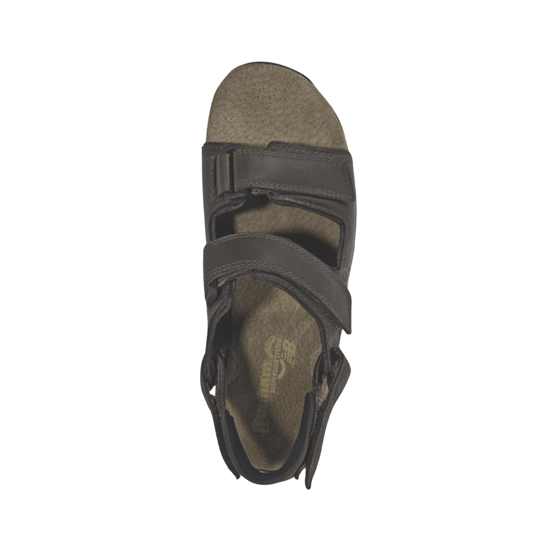 Top View of Men’s Dunham St. Johnsbury Sandal in brown leather – featuring cushioned footbed with contoured arch support, smooth leather straps for durability, and open construction for breathability and flexibility.