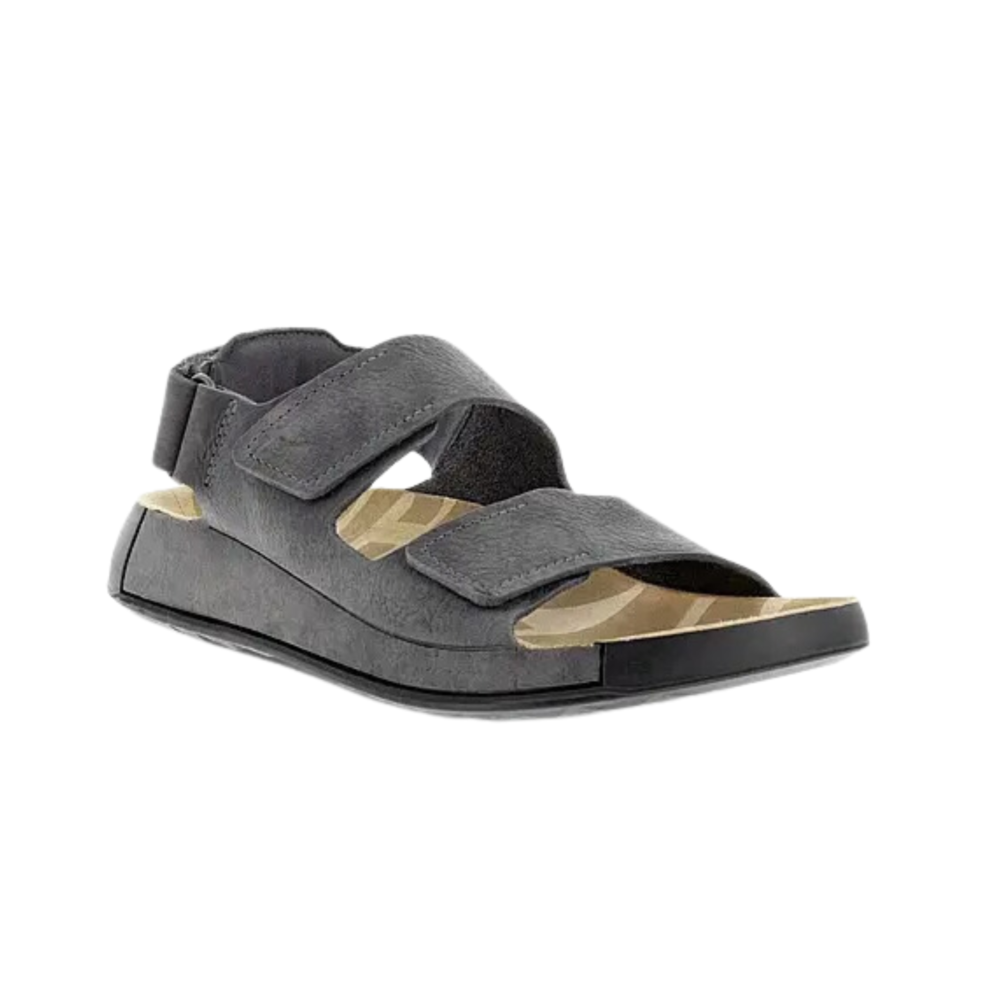 Side view of Men’s Ecco 2nd Cozmo 3-strap sandal in grey – featuring leather upper with velcro straps for adjustable fit, cushioned footbed for support, and flexible rubber outsole for durability.
